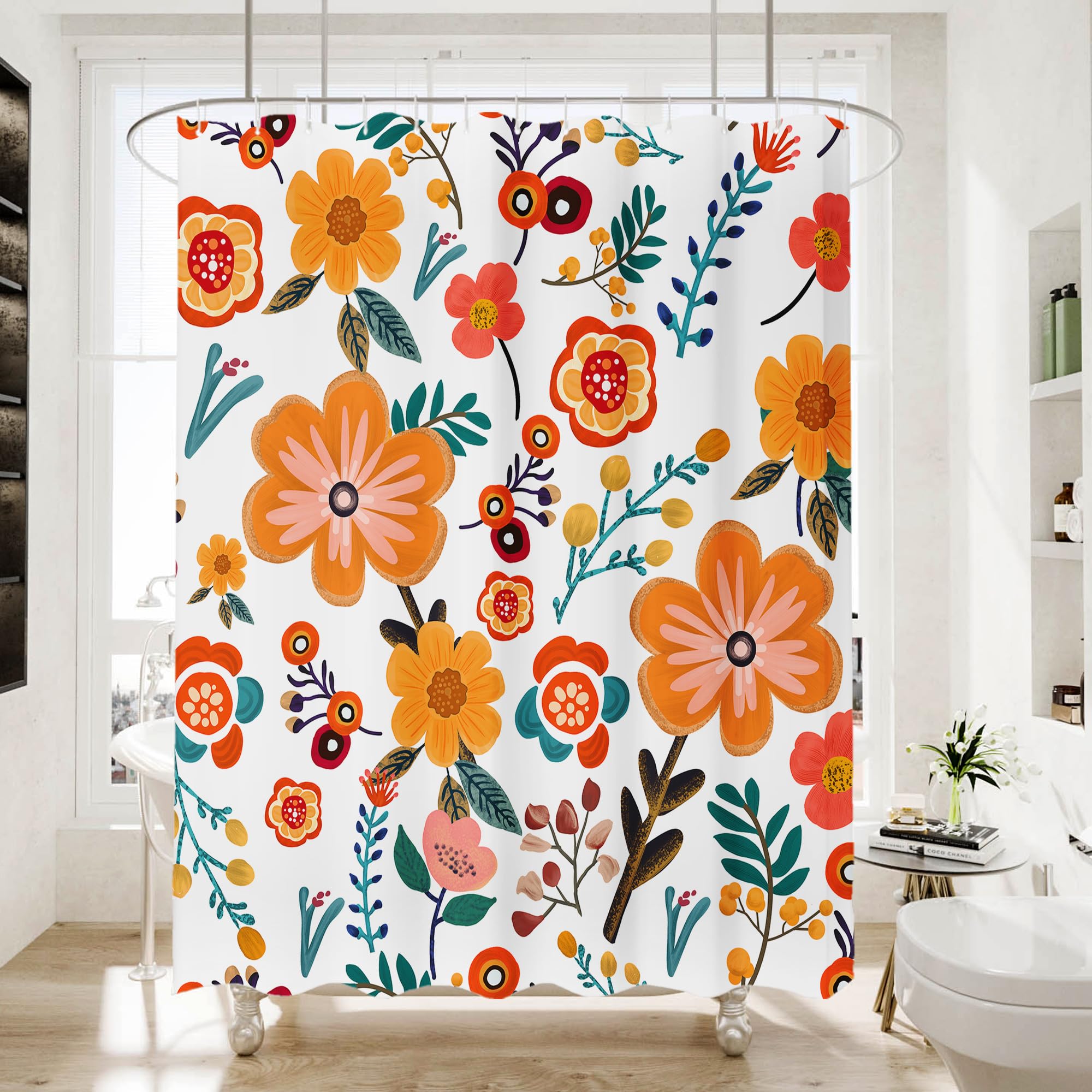 WC WAH CHUN Bohemian Shower Curtain, Boho Floral Print Water Repellent Polyester Fabric for Bathroom Decor, 72×72 Inch Standard Size with 12 Hooks,