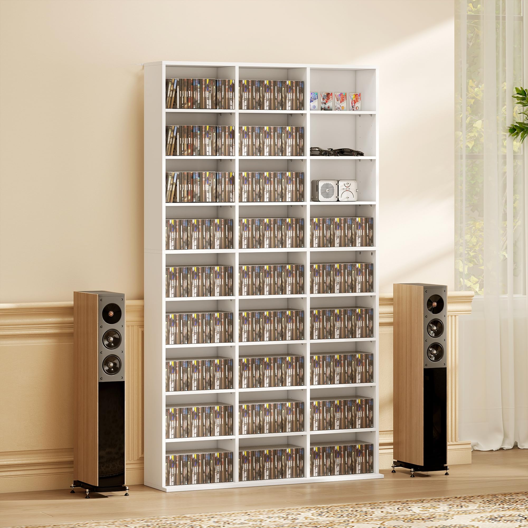 HOMCOM CD/DVD-Regal für 835 CDs oder 500 DVDs, Blu-ray Medienregal, Weiß | Mit 27 Fächern, 21 Verstellbaren Einlegeböden, CD Turm, für Wohn-, Schlaf- oder Arbeitszimmer