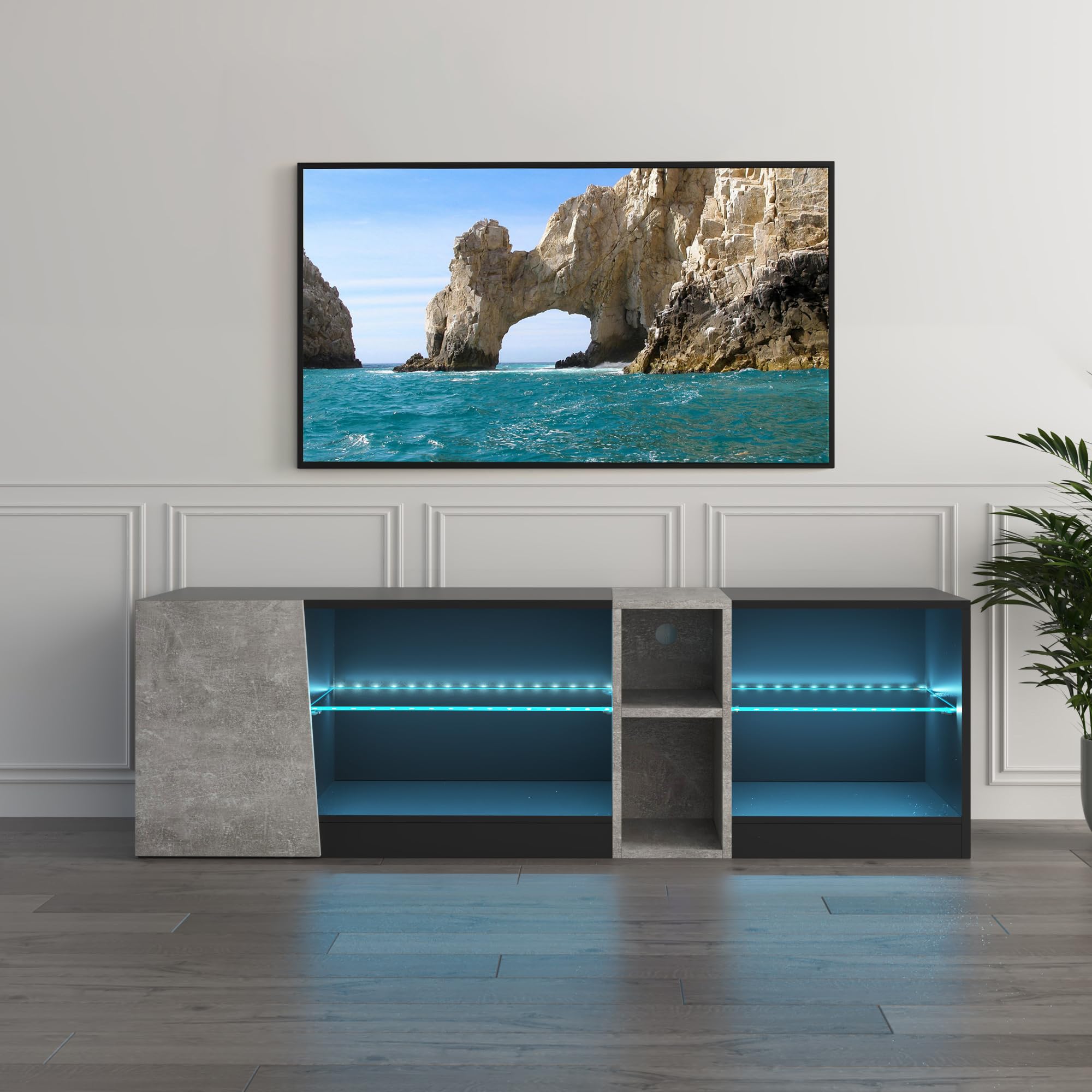 Mondeer Meuble TV, Support Télé LED avec 5 Compartiments et 1 Porte, pour TV de 55 Pouces, pour Salon Chambre à Coucher, W140 x H45 x D37,5 cm, Noir et Gris