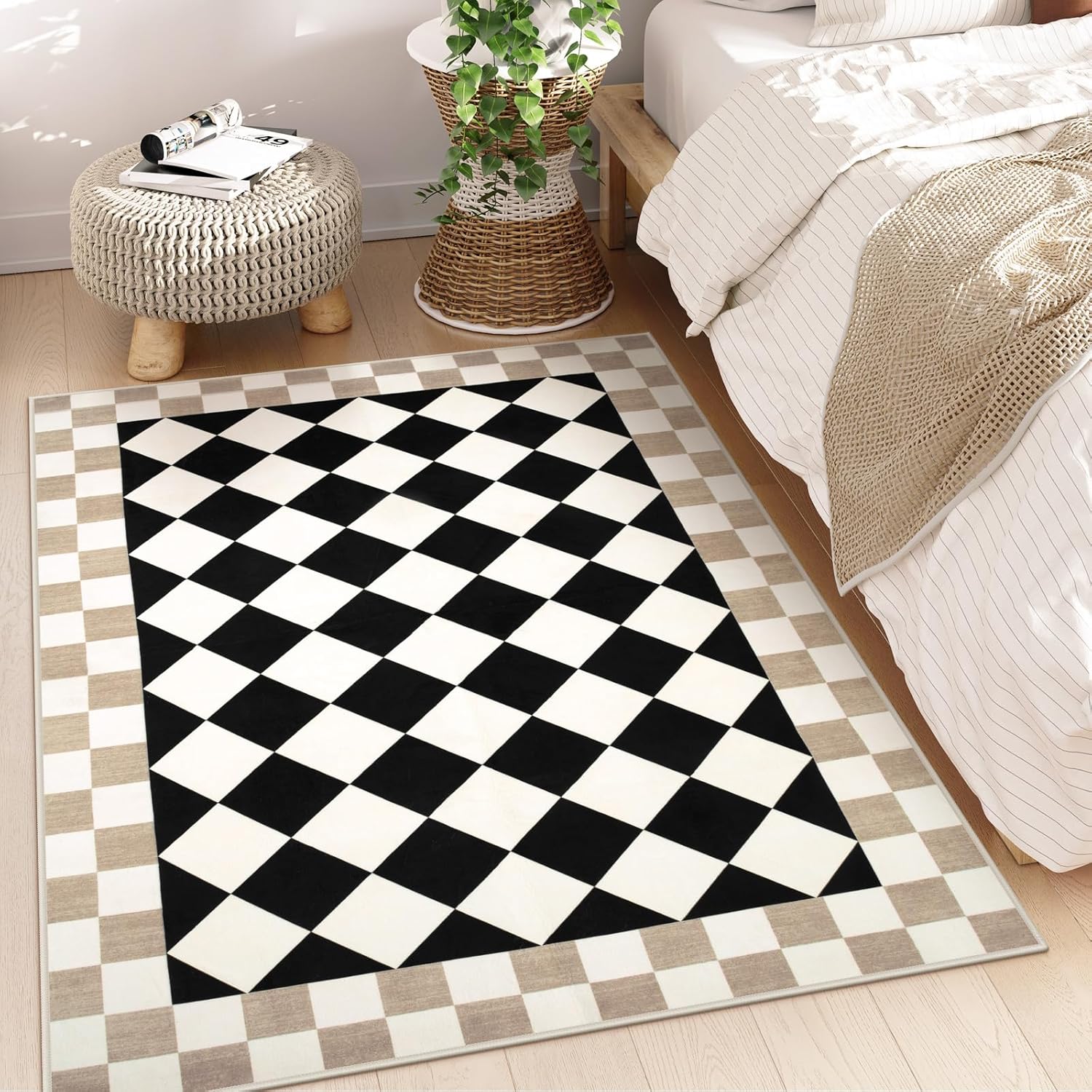 Morebes 4x6 Checkered Rug for Living Room, Black Washable Bedroom Area Rug Checked Kids Room Rug, Non-Slip Soft Low Pile Stain Resistant Indoor Carpet for Bedroom Playroom Nursery