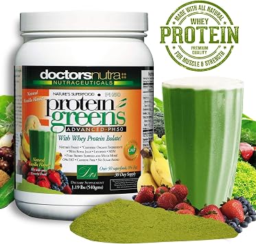 PH50 Whey Protein Greens Drink with Certified Organic Ingredients, 1.19 Pounds (540 Grams) 50 Superfoods with Digestive Enzymes, Natural Vanilla Flavor
