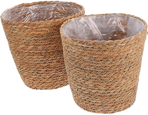 LIOOBO 2 cestas para plantas, cestas de hierba marina, canastas tejidas a mano con forro de plástico impermeable, contenedores para macetas,