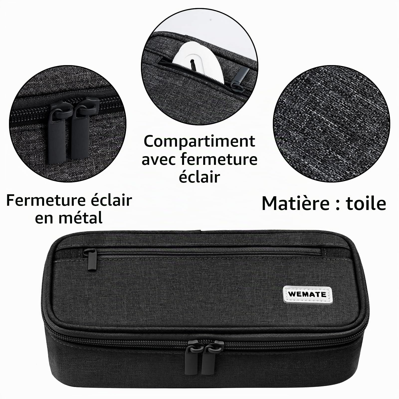 WEMATE Trousse Pliable Grande Capacité en Toile Noir pour École Bureau