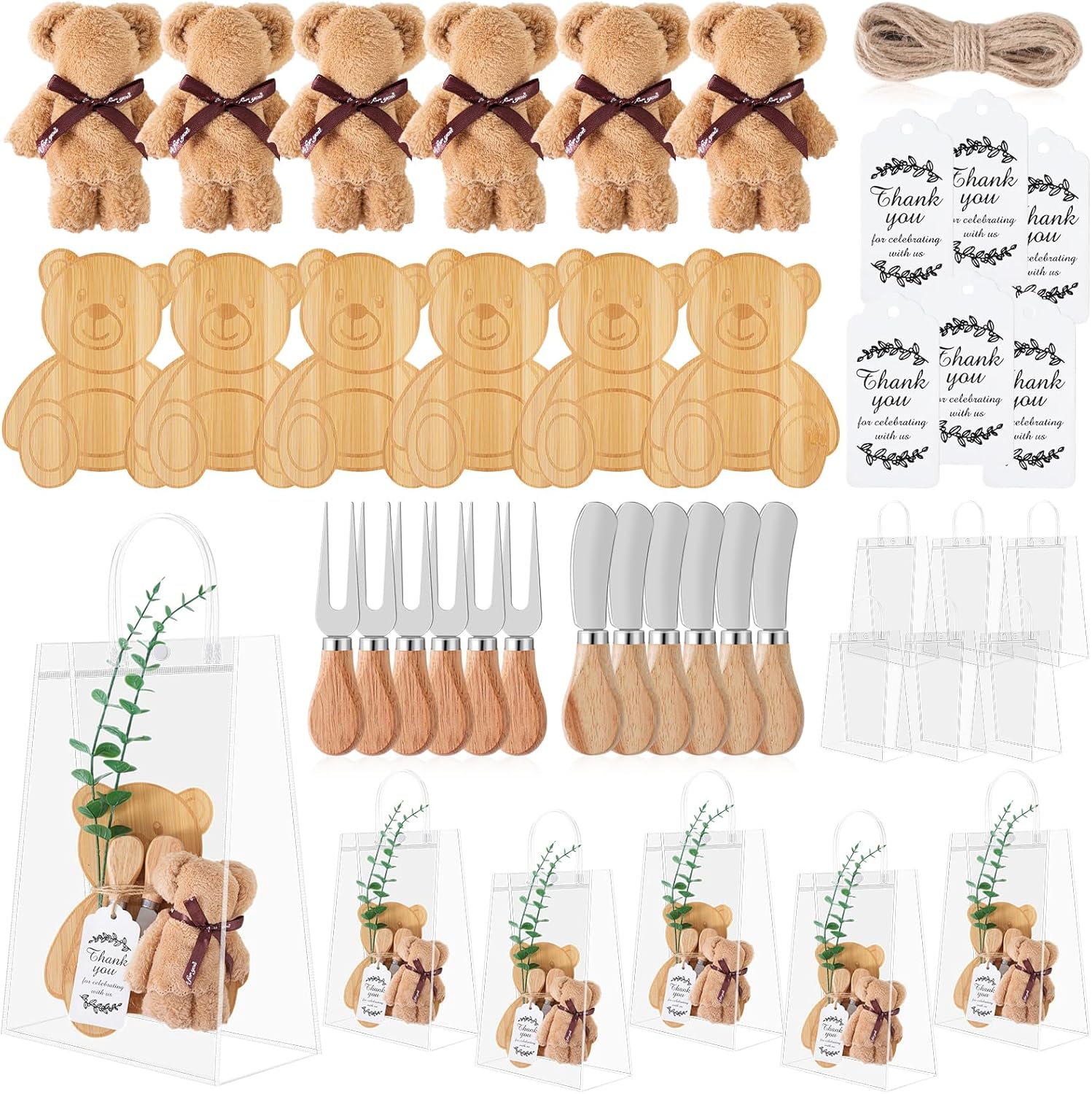 6 Sets Baby Shower Prizes for Game Winners Bear Shaped Bamboo Cheese Board with Knives, Towels, Gift Bags & Thank You Cards – 37Pcs Bridal Shower Favors for Guests