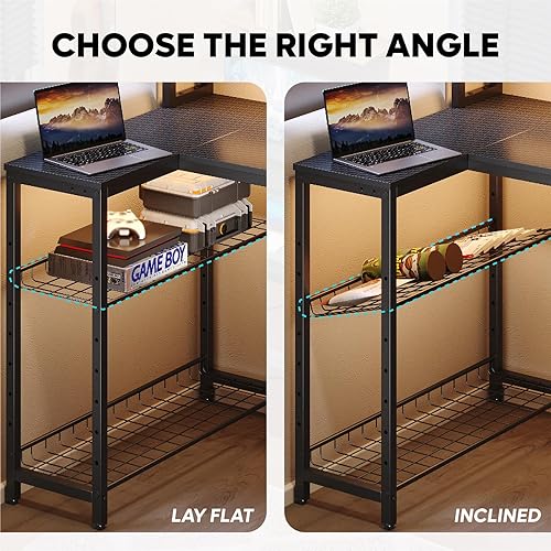 Vista 6 de Bestier LED Gaming Desk with Power Outlets, 71 inch L Shaped Computer Desk with Monitor Stand, Large Desk with Printer Stand Adjustable Shelf, Cup