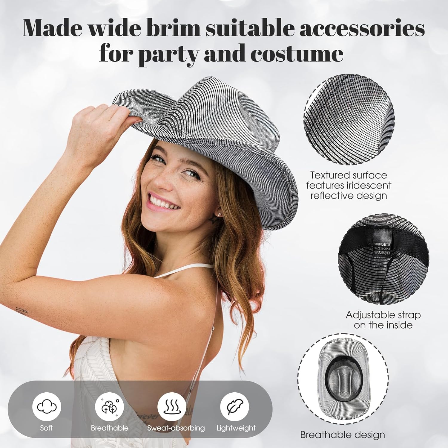 4 Pcs Sparkle Sequin Space Holographic Cowboy Hat for Womens Glitter Western Cowgirl Hat for Disco Party - Image 3