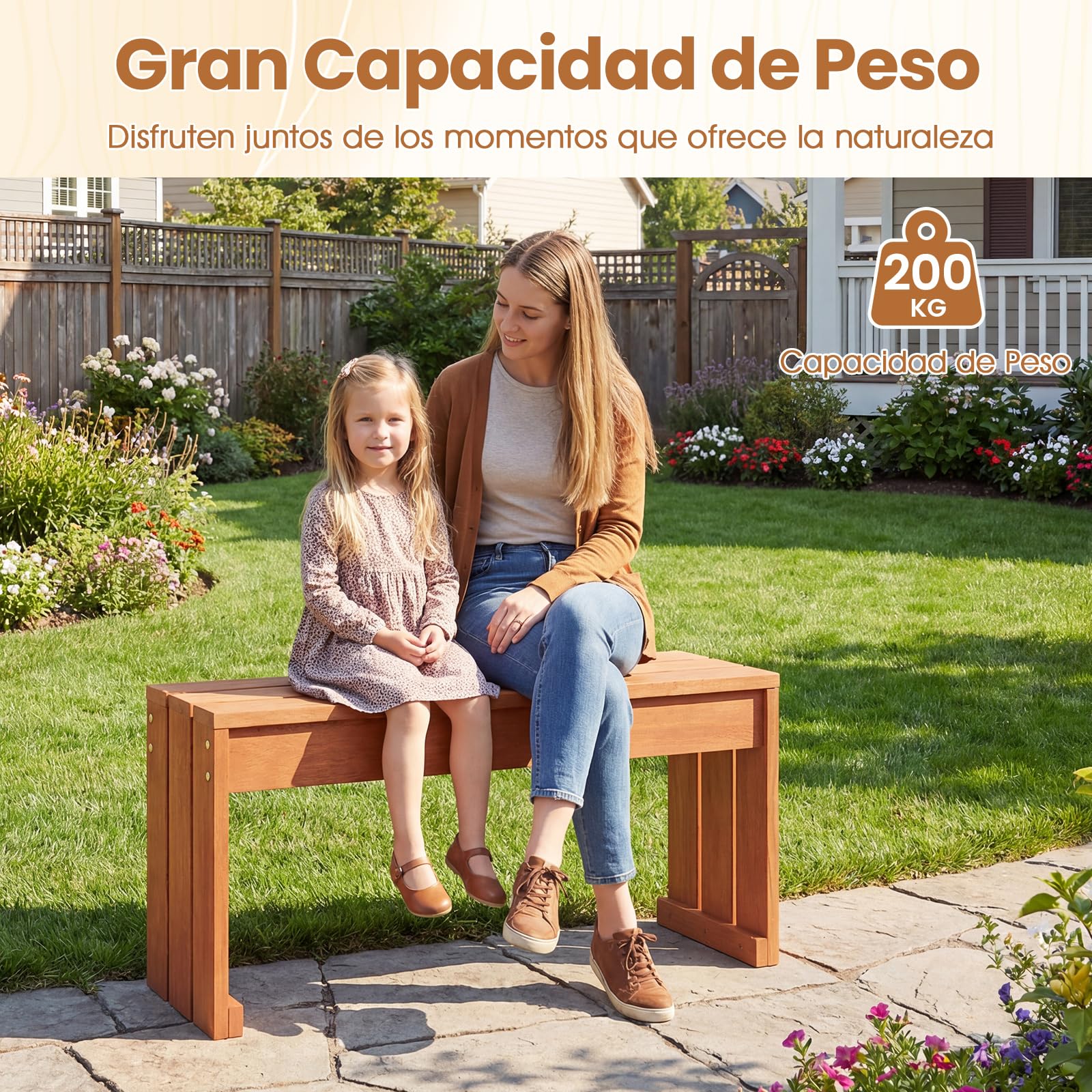 COSTWAY Banco Exterior Jardín, Banco de Madera Maciza sin Respaldo de 2 Plazas, Mesa Auxiliar, Soporte para Plantas Patio Terraza Balcon Porche Entrada, 200 kg, 90 x 30 x 44 cm