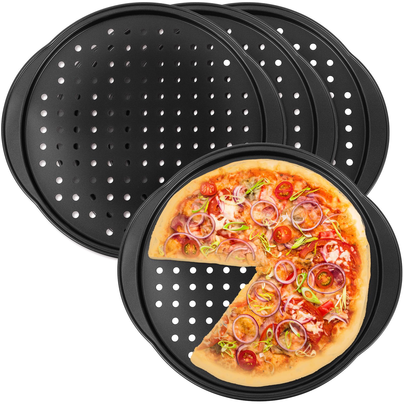 4stücke Runde Gelochte Carbonstahl Pizza Backbleche mit Antihaftbeschichtung Ofenfest Ergonomischer Griff Luftzirkulation für Knusprige Pizzen Küchen Gastronomie backform