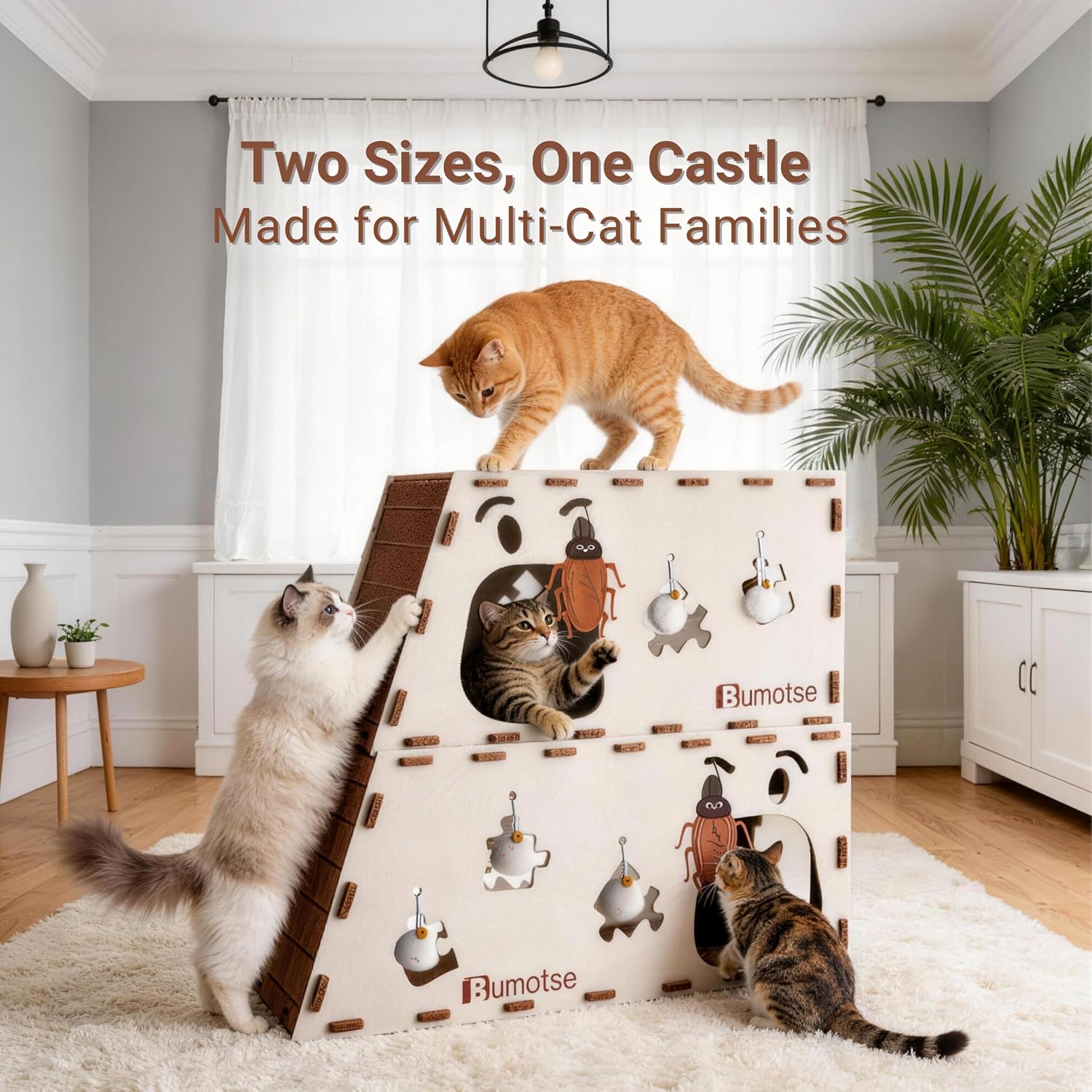 2-Story Large Cat Condo for Indoor Cats with Catnip Toy, Felt Cat Cave House with Scratching Tunnel, No-Tool Assembly Warm Silent Cat Bed for Multi-Cat Households, Durable and Washable, Cream