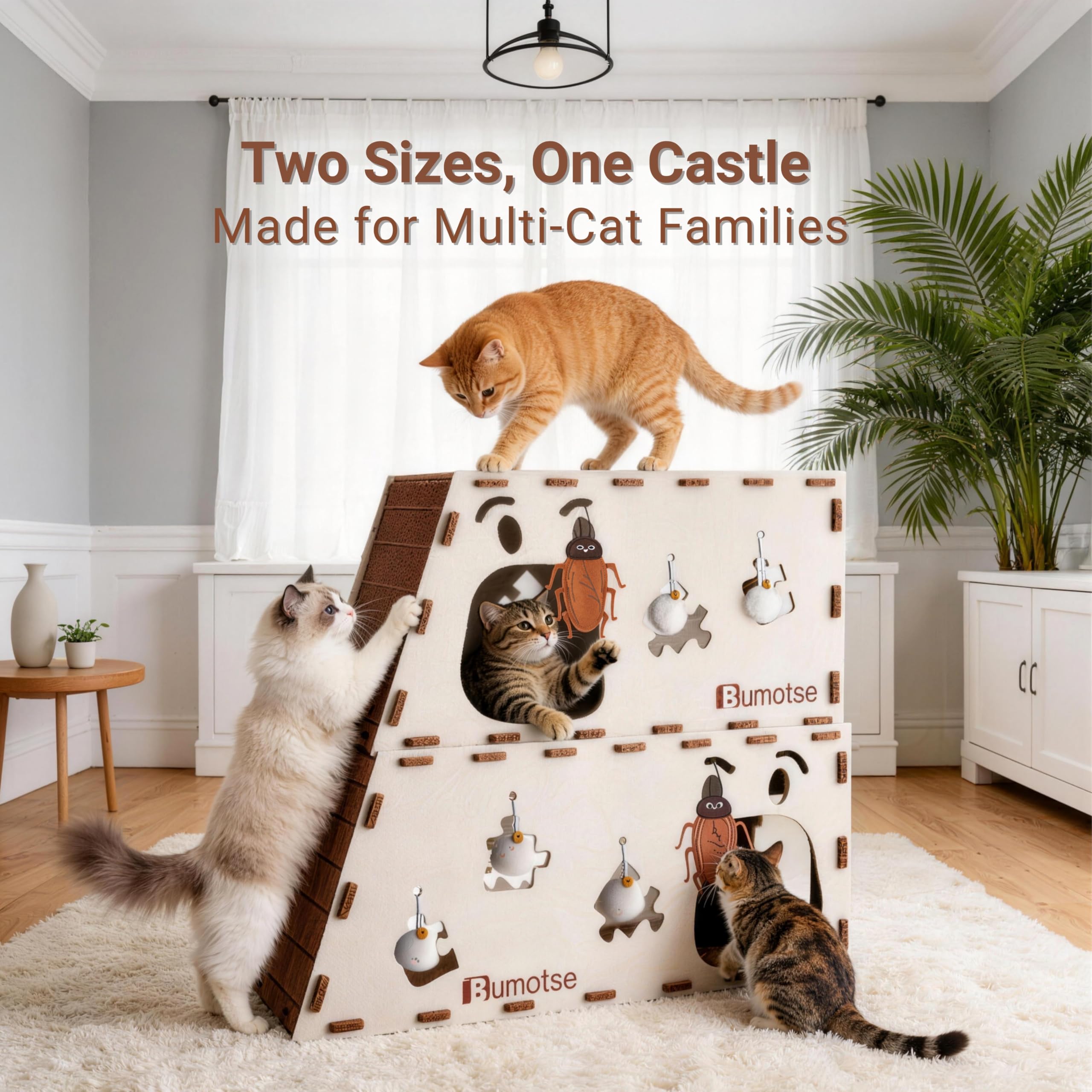 Condominio grande de 2 pisos para gatos de interior con juguete de hierba gatera, casa cueva de fieltro para gatos con túnel para rascar, sin herramientas, cama cálida y silenciosa para