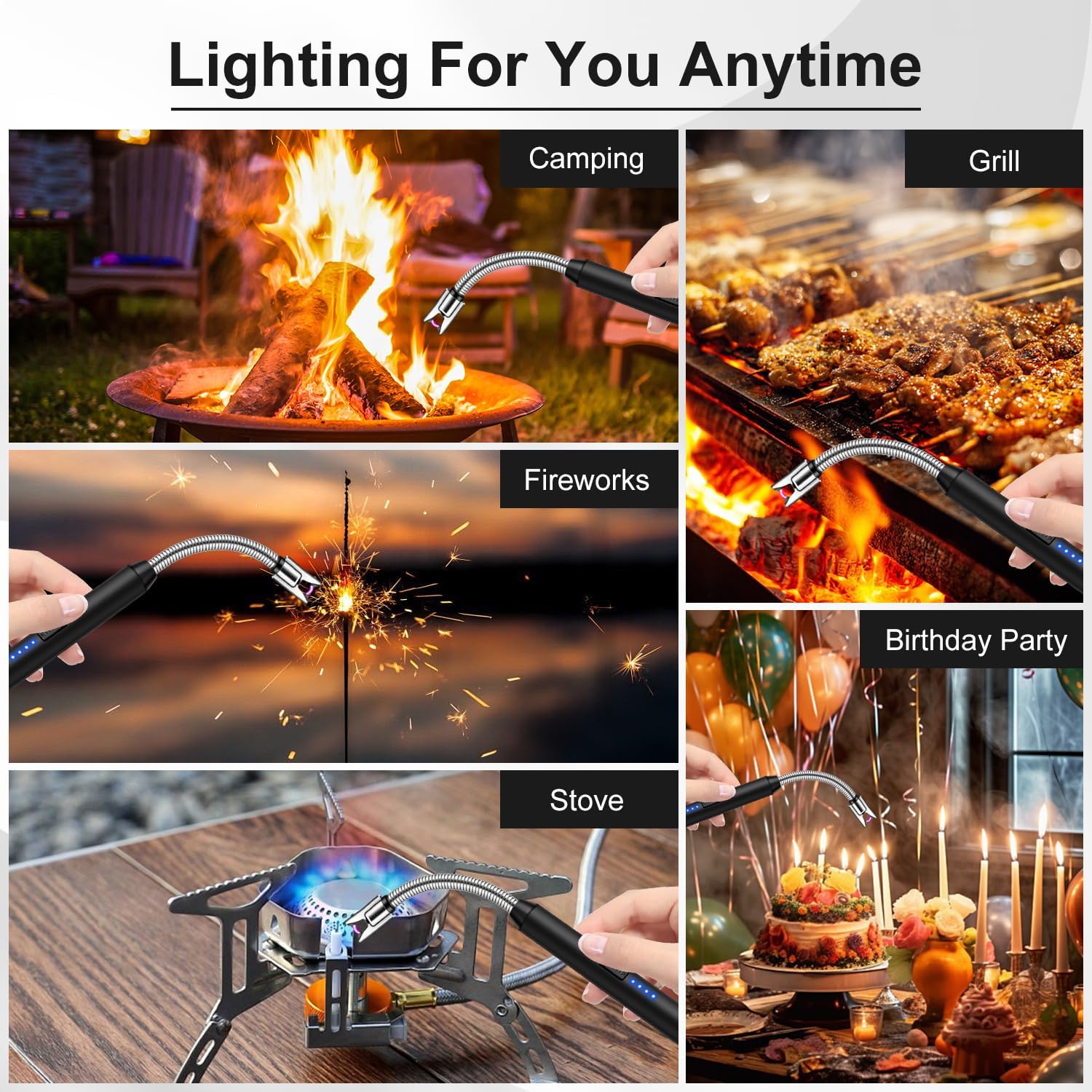 LcFun Candle Lighter with 360° Flexible Neck & Safety Lock, Windproof USB Rechargeable Electric Lighter Gift Sets, Flameless Arc Long Lighters Matches for Grill, BBQ, Camping, Fireplace, Stove