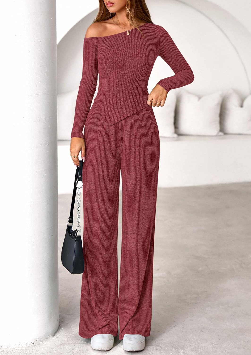 PRETTYGARDEN Fall Two Piece Sets For Women 2026 Off Shoulder Tops Long Pants Knit Matching Lounge Set Airport Travel Outfits - Image 7