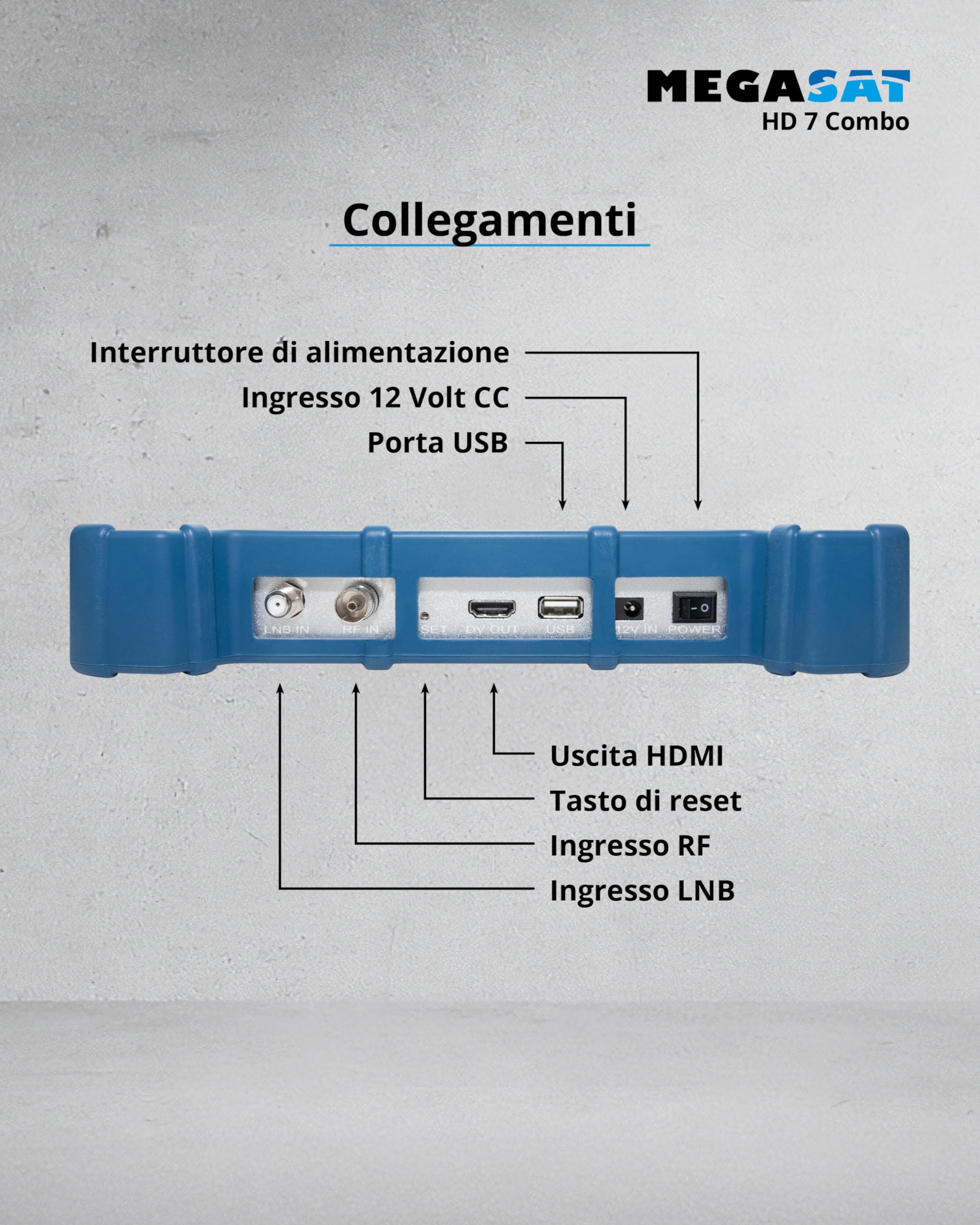 Megasat HD 7 Combo – Misuratore (per DVB-S, DVB-S2, DVB-T, DVB-T2, DVB-C, DAB+, Live-TV Bild, Unicable, display a colori da 8,9", batteria, lampada)