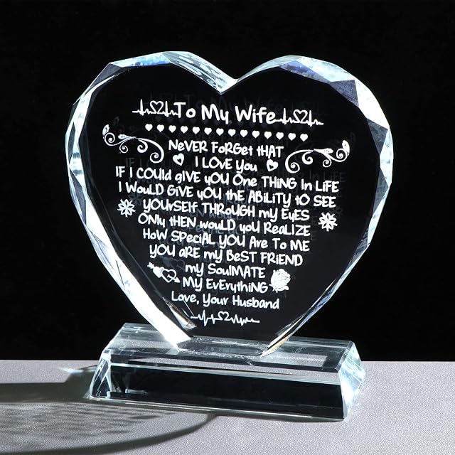 Glass Heart Gifts for Wife, Birthday Keepsake with I Love You Gifts for Her from Husband on Anniversary Valentines Mother's Day Christmas