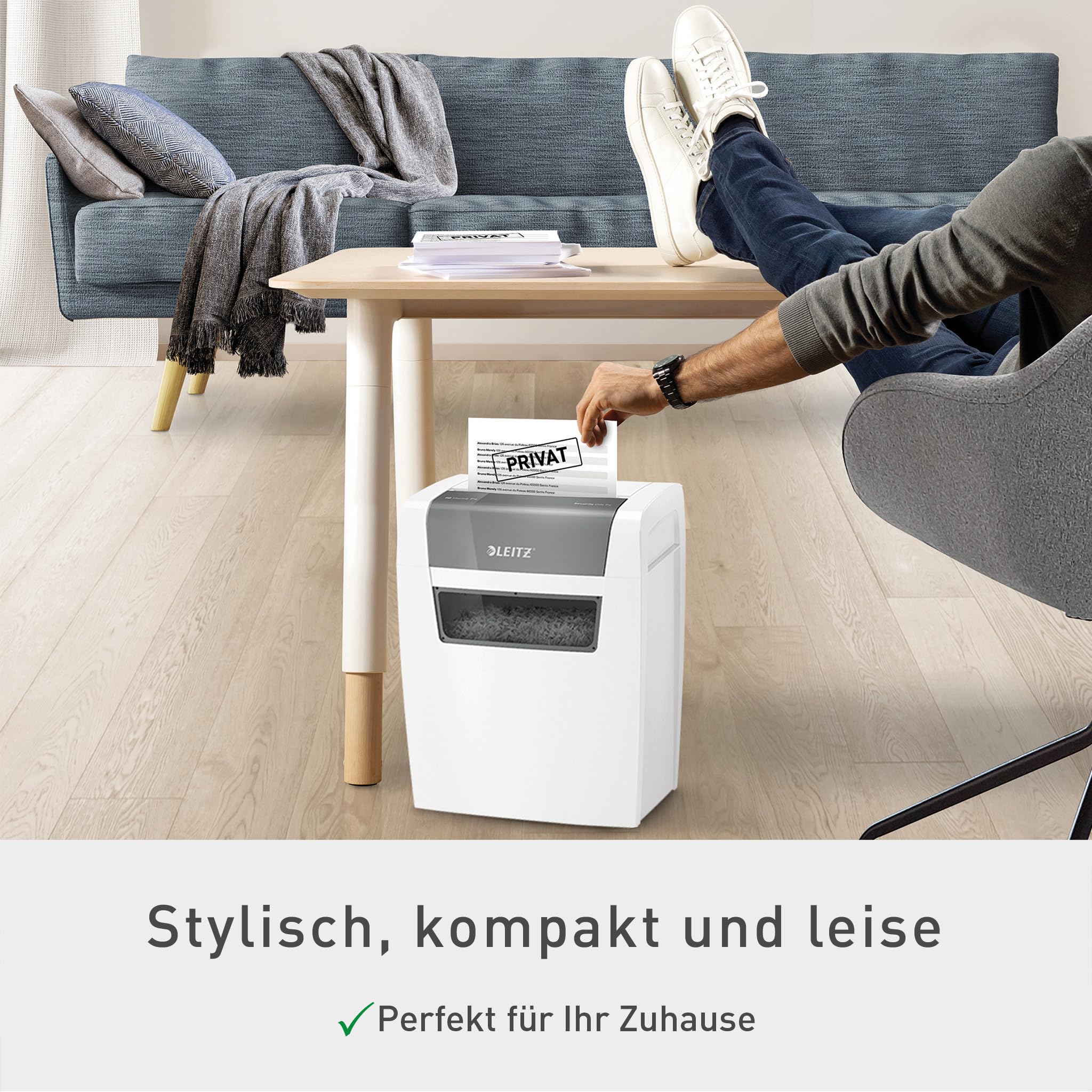 Leitz IQ Home Aktenvernichter, 7-6 Blatt (70-80 g/m²), TÜV+GS zertifiziert, Kleiner Partikelschnitt Schredder, Sicherheitsstufe P4, 15 Liter Behälter, Leise & kompakt für Home Office, Weiß, 80340000