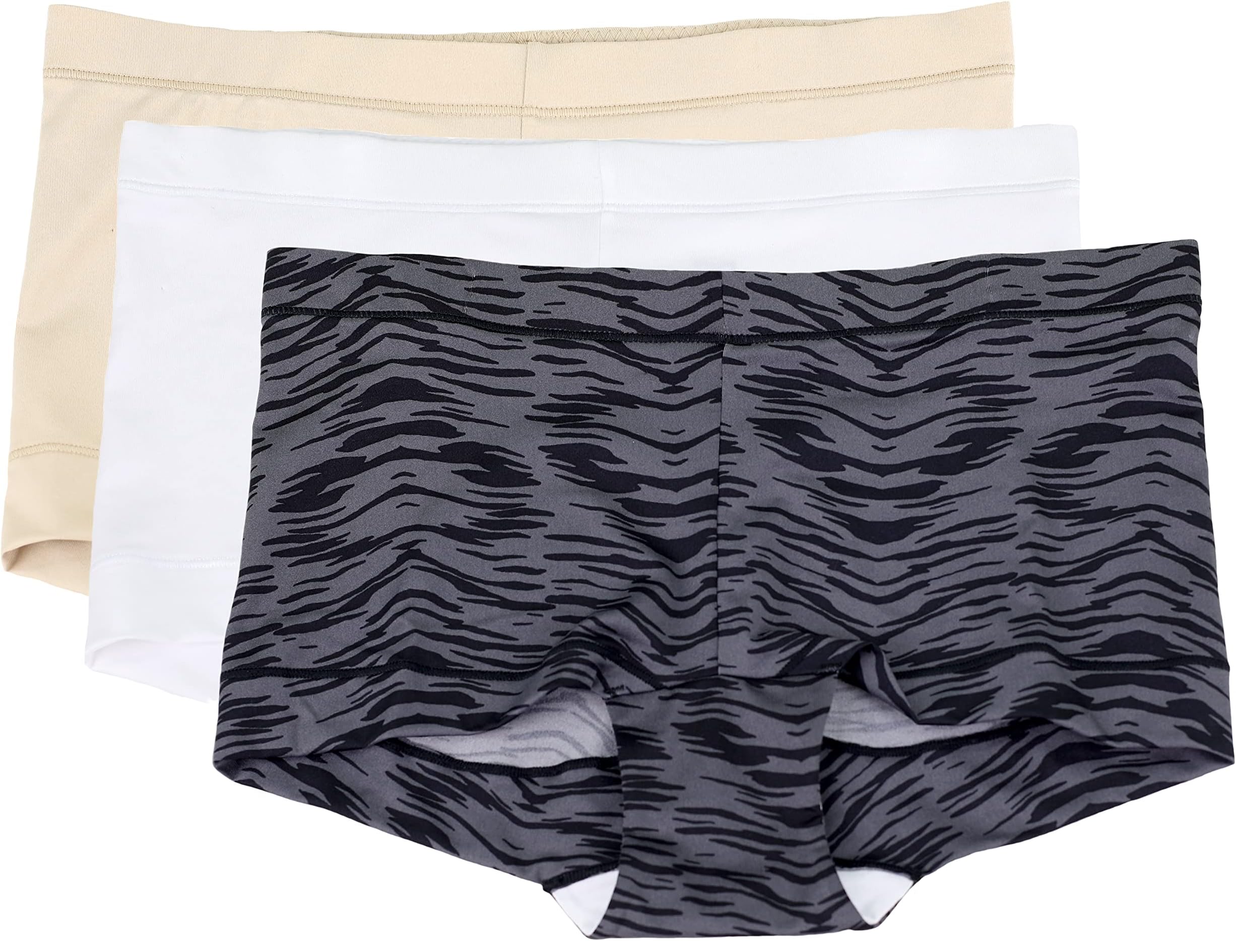 MaidenformWomen's 3 Pack Luxuriously Soft Microfiber Boyshorts, Black Tiger Stripes/White/Latte Lift, 8