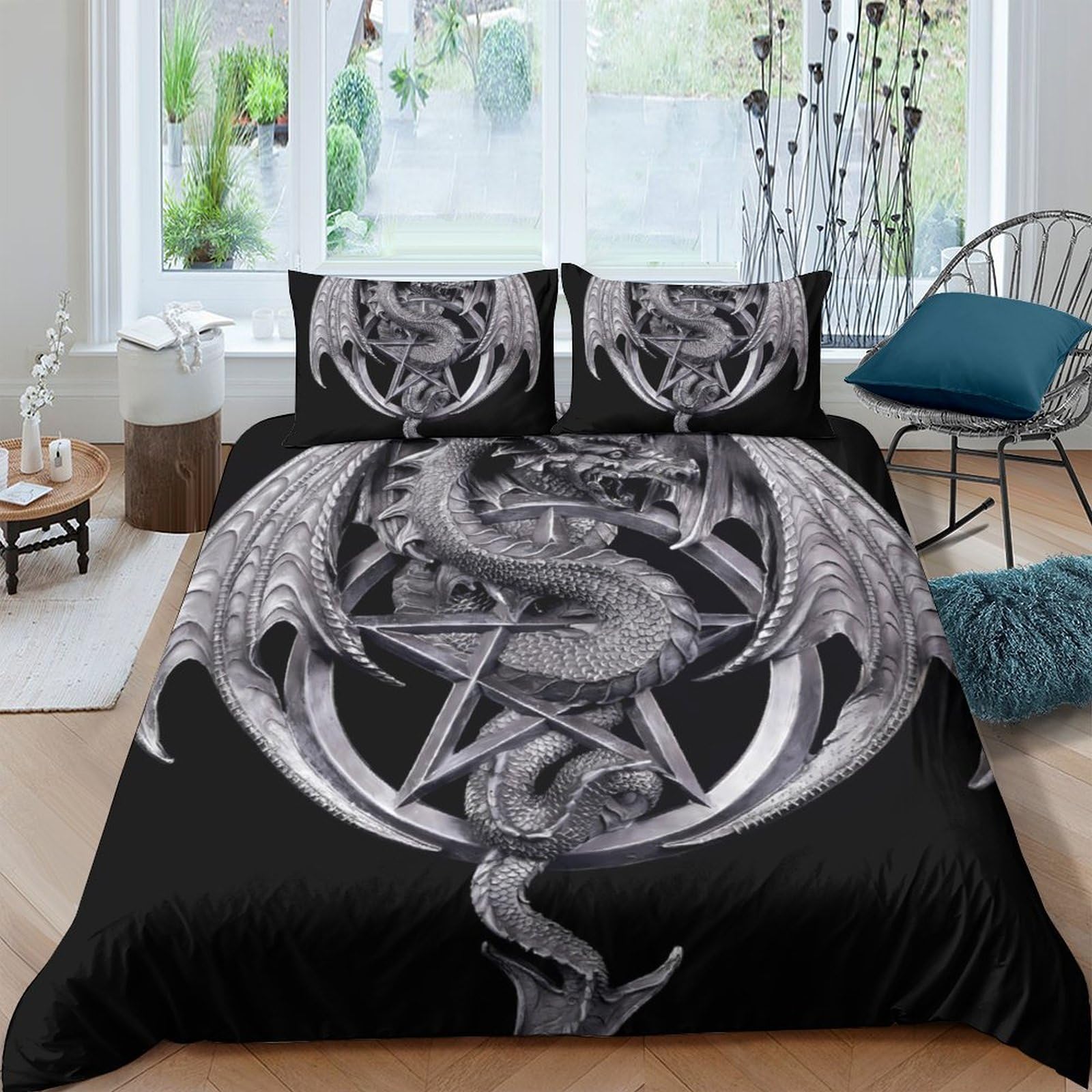 GPLZQXKJNH 3D Printed Silver Dragon Duvet Cover Microfiber Soft Breathable Gothic Fantasy Bedding Set with 2 Pillowcases for Bedroom Decor Single（135x200cm）