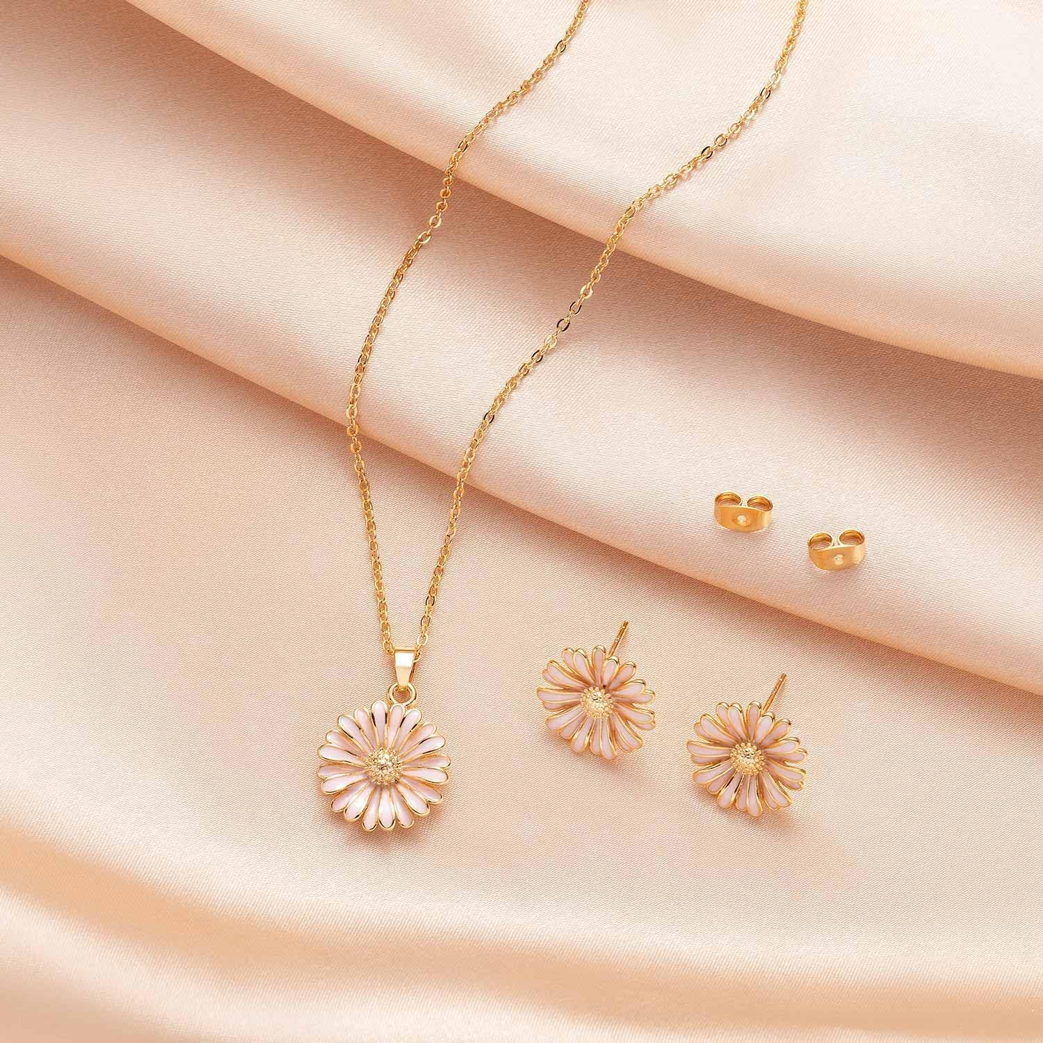 Daisy Flower Necklace Earrings Set for Women 18K Gold Plated Hypoallergenic Jewelry Sets - Image 4