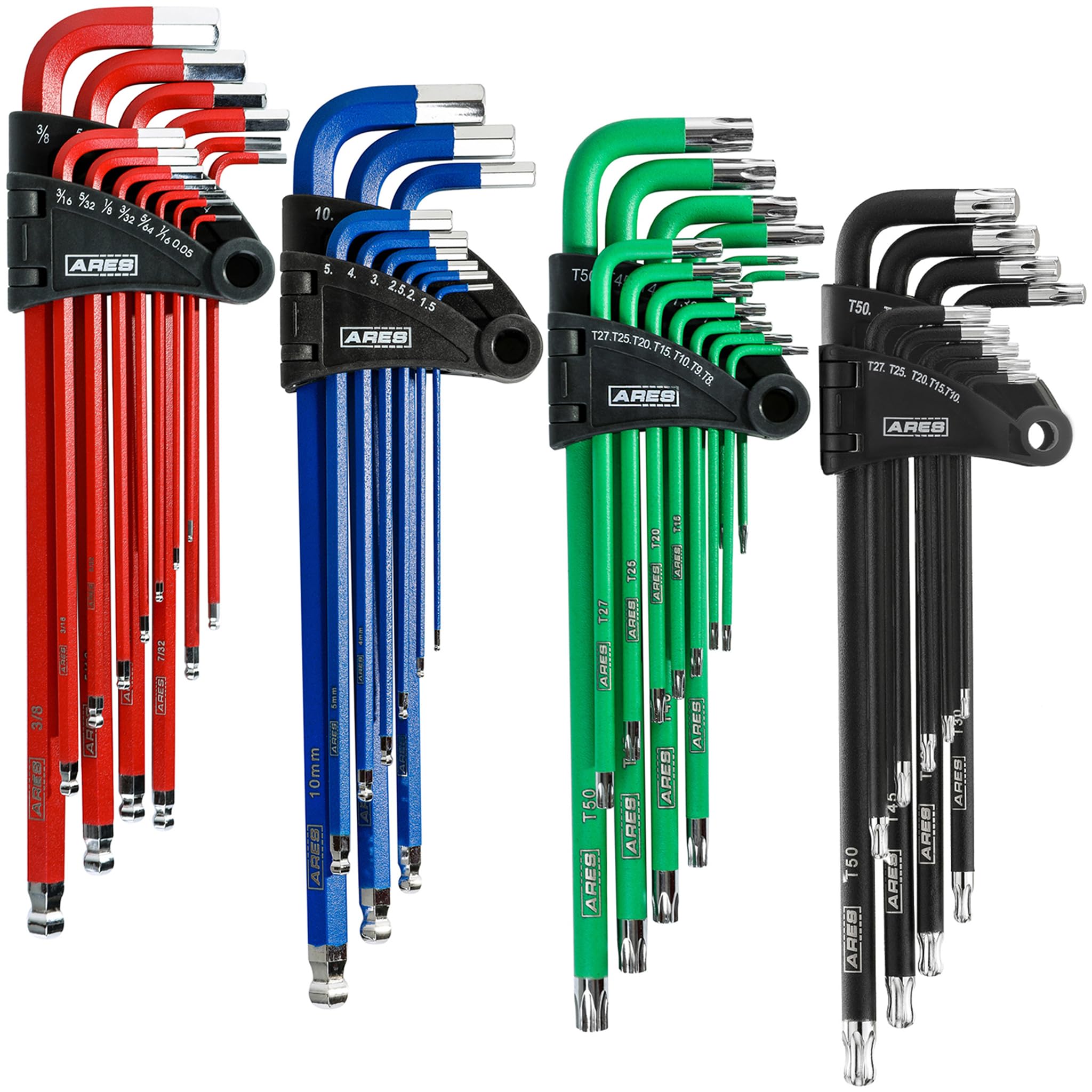 ARES 44036 – 44-Piece Hex Key Set – Combo Key Wrench Set Includes SAE, Metric, Torx, and Torx Ball End Wrenches – High Visibility Anti-Slip Coating – Storage Cases Included