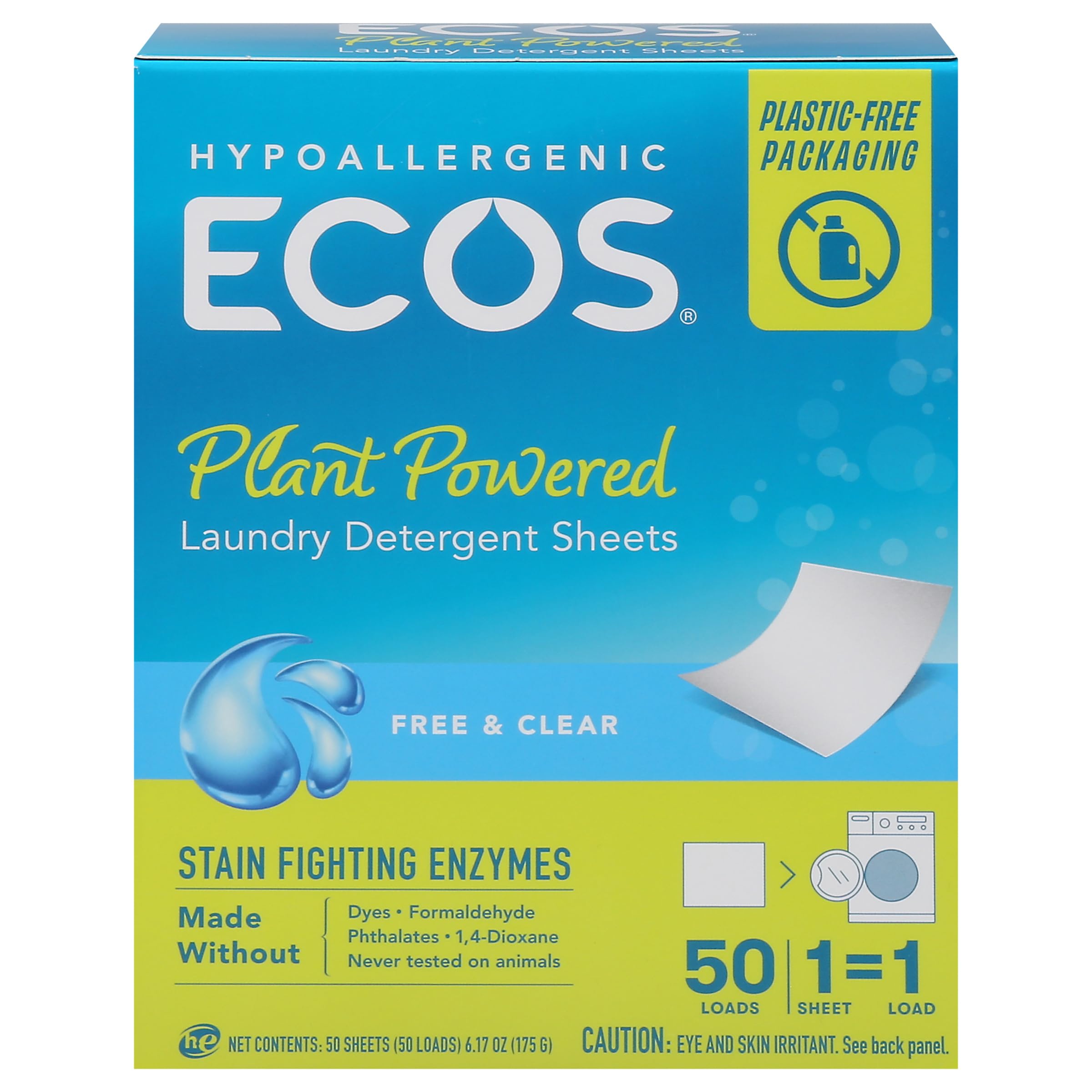 ECOS Laundry Detergent Sheets Vegan, No Plastic Jug, No Mess & Liquid Free - Laundry Sheets in Washer - Hypoallergenic, Plant Powered Laundry Detergent Sheets - Free and Clear - 50 Sheets (Pack of 1)