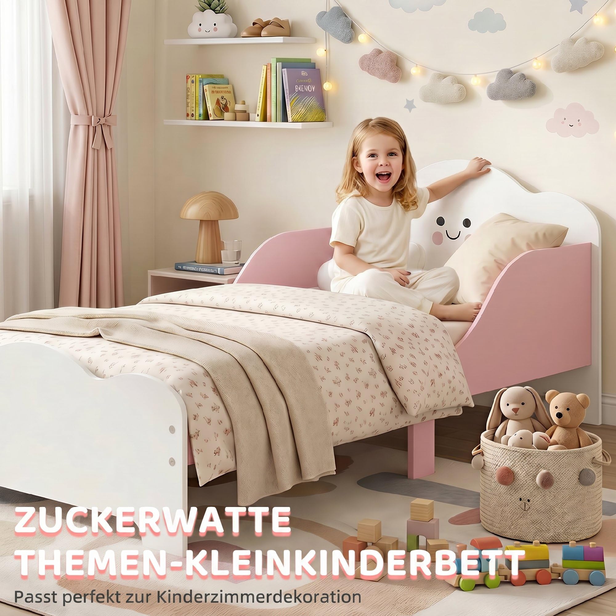 AIYAPLAY Kinderbett, 140x70 cm Kleinkindbett mit Rausfallschutz, Lattenrost, Jugendbett Bettgestell für Mädchen und Jungen, ohne Matratze, Rosa