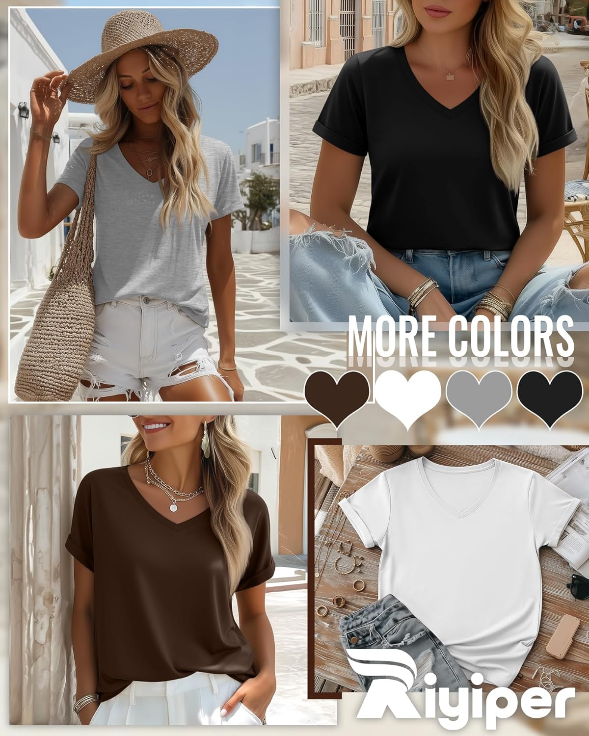 Riyiper 4 Pack Women's V Neck T Shirts, Summer Casual Short Sleeve Tops Loose Rolled Sleeve Tees Trendy Shirts - Image 5
