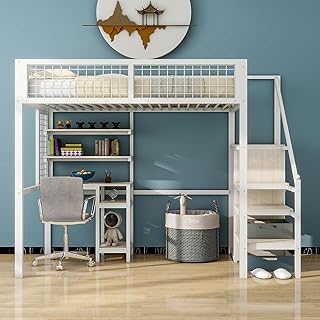 Crlnaup Cama alta 90 x 200 cm con escalera de seguridad, cuna con marco de hierro, armario y escritorio para ordenador, color blanco