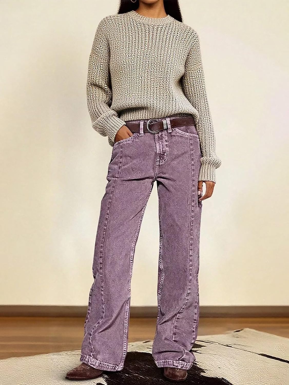 Flamingals Mid Rise Straight Leg Pants for Women Loose Fit Solid Seam Front Baggy Pants Without Belt - Image 5