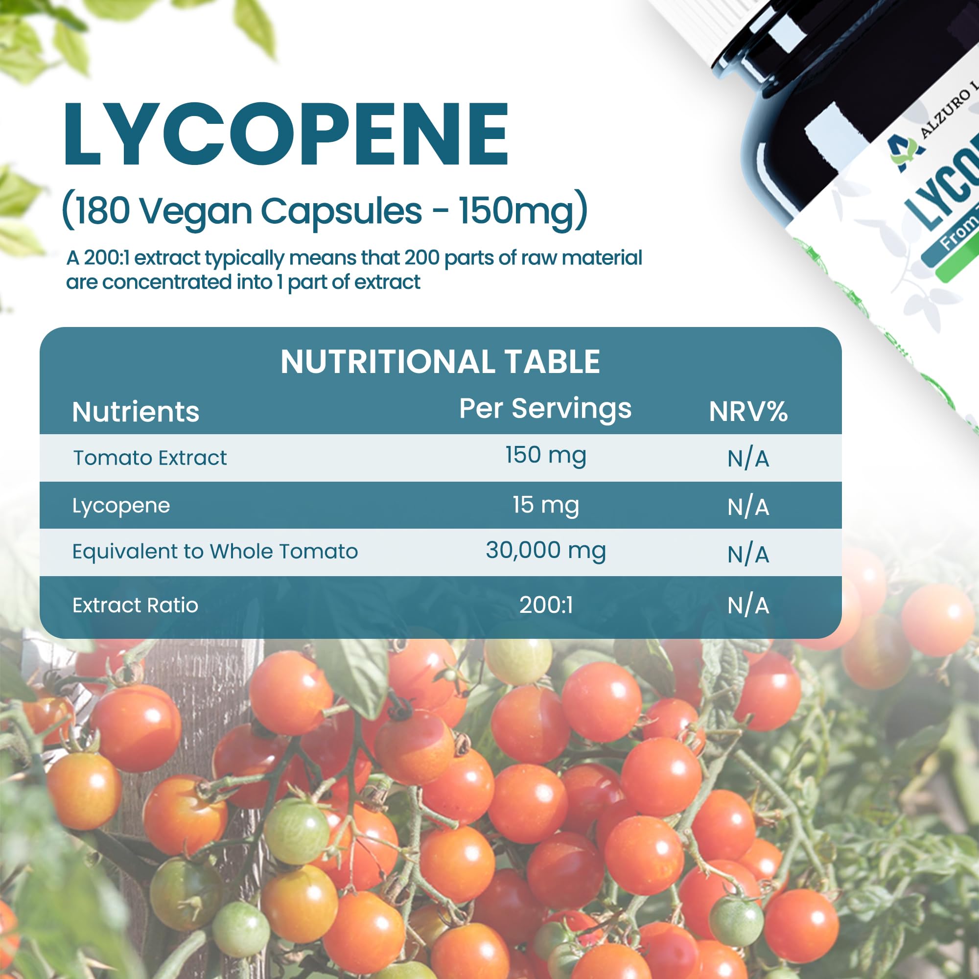 Lycopène 15 mg | extrait de tomate 200:1 standardisé à 10% | 180 gélules végétales | soutien antioxydant | BPF & testé par un laboratoire indépendant
