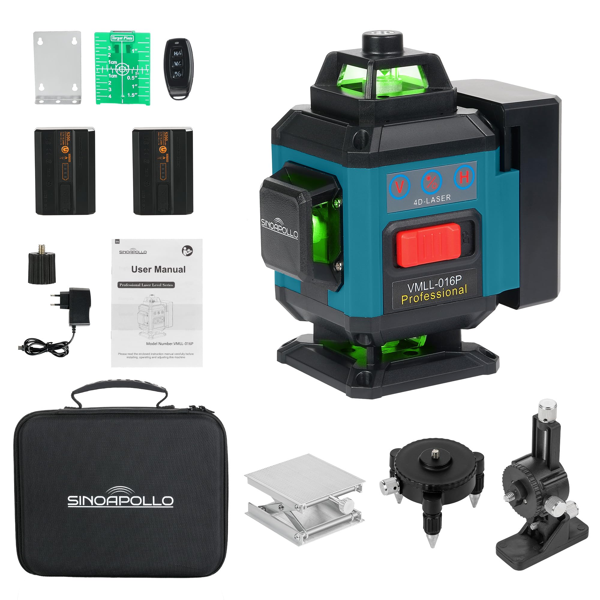 SinoApollo Kompakter 4D 16-Linien Laser Wasserwaage, Selbstnivellierend, 4x360 Grad Grüne Kreuzlinienlaser für Bauarbeiten und Bilderhängen, mit 2 wiederaufladbaren 5200 mAh Typ-C Batterien