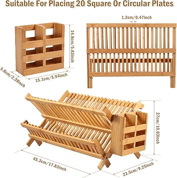 Dish Drying Rack,2 Tier Collapsible Dish Rack,Bamboo Drainer Dish Drying Rack,Bowl and Dish Storage Rack with Utensil Holder, Multifunctional Kitchen Organizers and Storage Rack