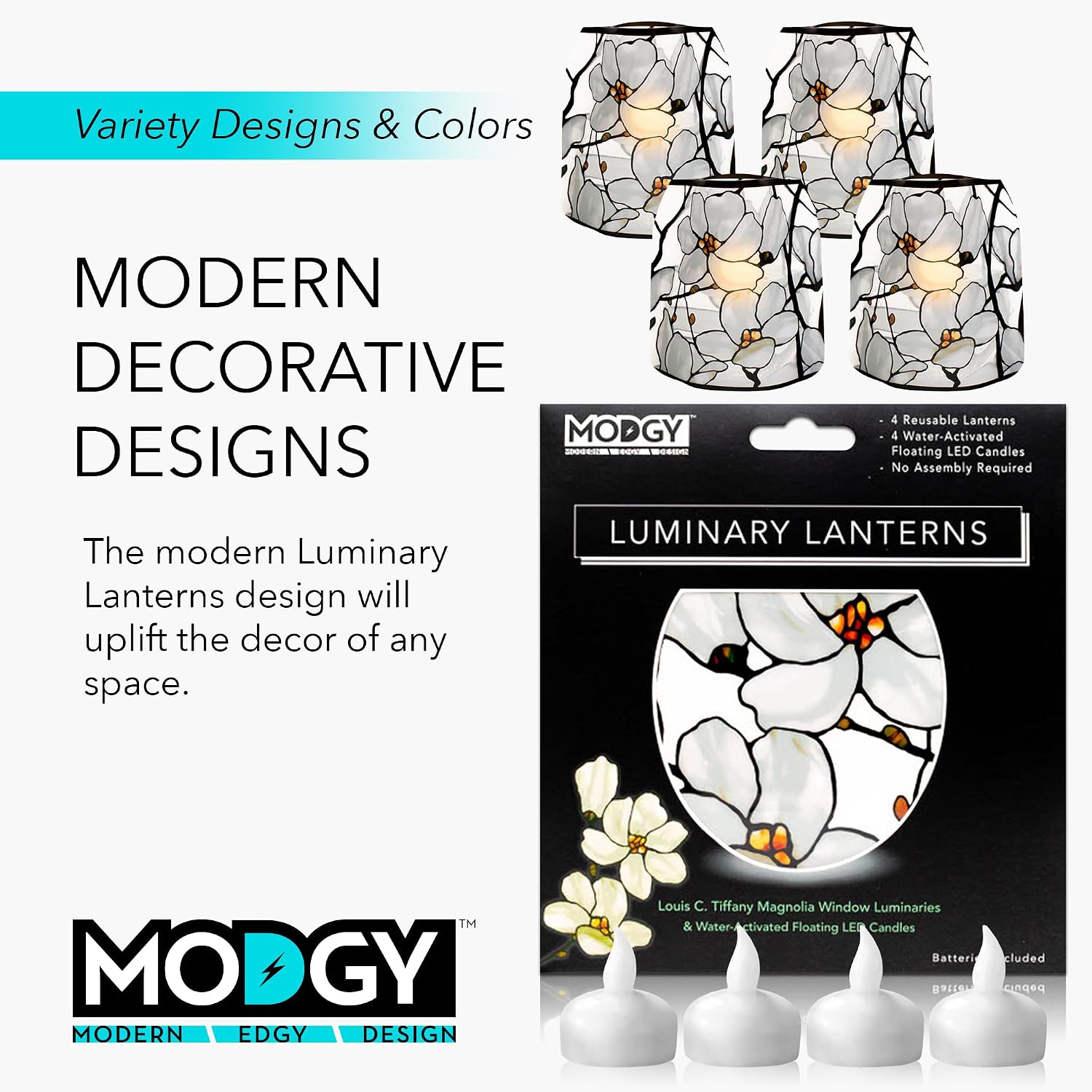 MODGY Luminary Lanterns 4-Pack - Floating LED Candles with Batteries Included - Luminaries are Great for Weddings, Parties, Patios & Celebrations of All Kinds (Louis C. Tiffany Magnolia Window)
