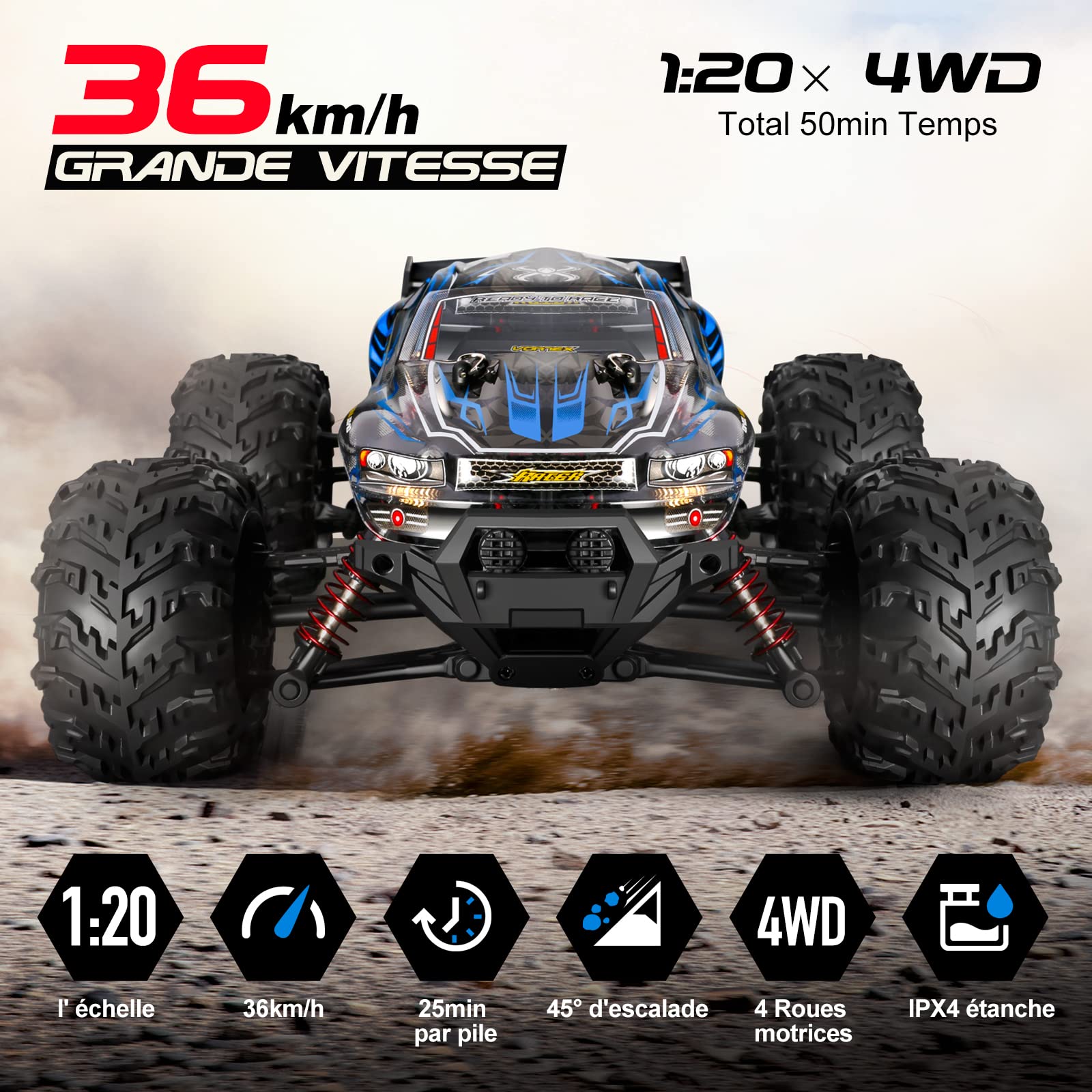 YONCHER YC100 Voiture Télécommandée, RC Voiture Tout Terrain 1:20 4WD 36km/h, Camion Telecommande à Grande Vitesse, 2.4GHz Crawlers RC avec 2 Piles 50min+ Temps de Jeu pour Adultes Enfants