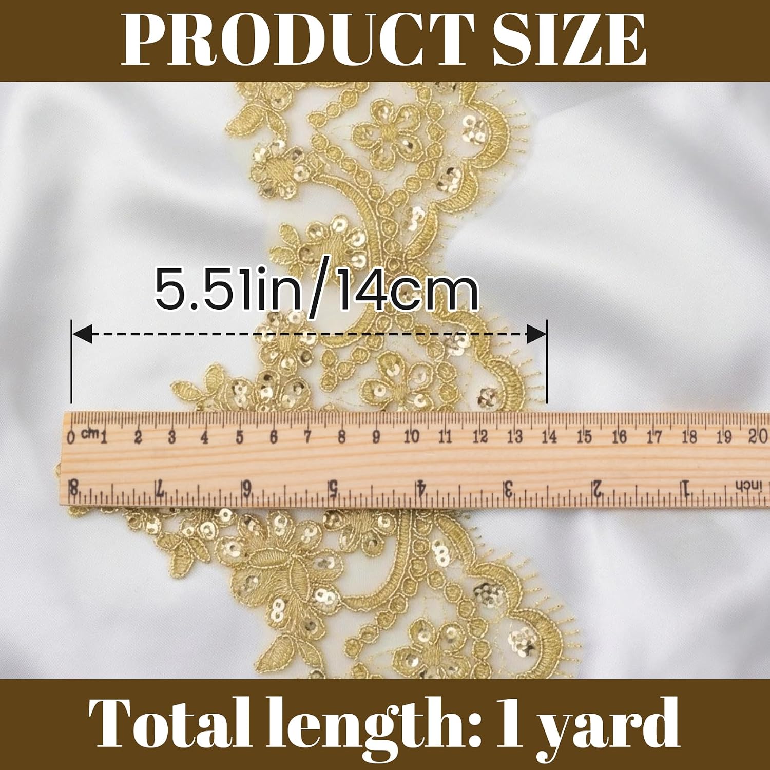 1 Yards Gold Metallic Venice Lace Trim, 5.51 Inch Wide Sequin Embroidery Venice Lace Trim Ribbon, Flower Metallic Ribbon Applique Embellishments for Sewing Wedding Clothes Cake Decoration