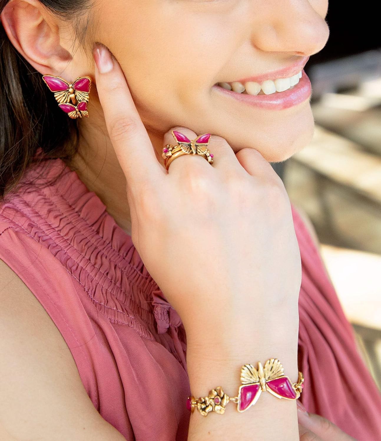 Barse Jewelry Pink Fuchsia Agate Golden Butterflies Triple Ring Set