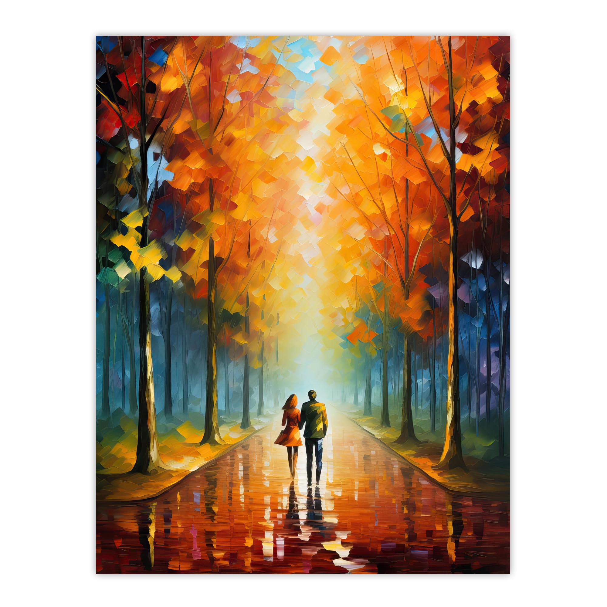 Artery8 Lovers Walk Oil Painting Pallet Knife Couple Taking Stroll Through Park In Autumn Extra Large XL Wall Art Poster Print