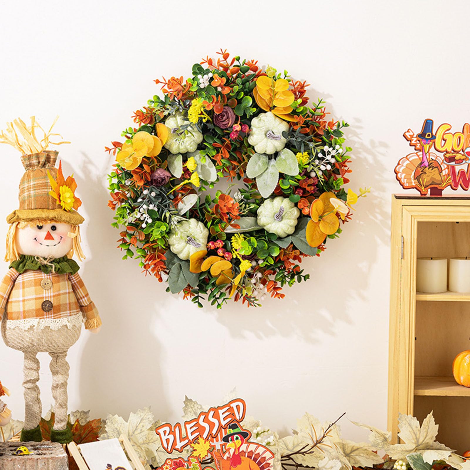 Sggvecsy Ghirlanda Autunnale Artificiale 55,9 Cm, Con Zucche, Foglie E Fiori Arancioni, Per Porta, Parete, Ringraziamento