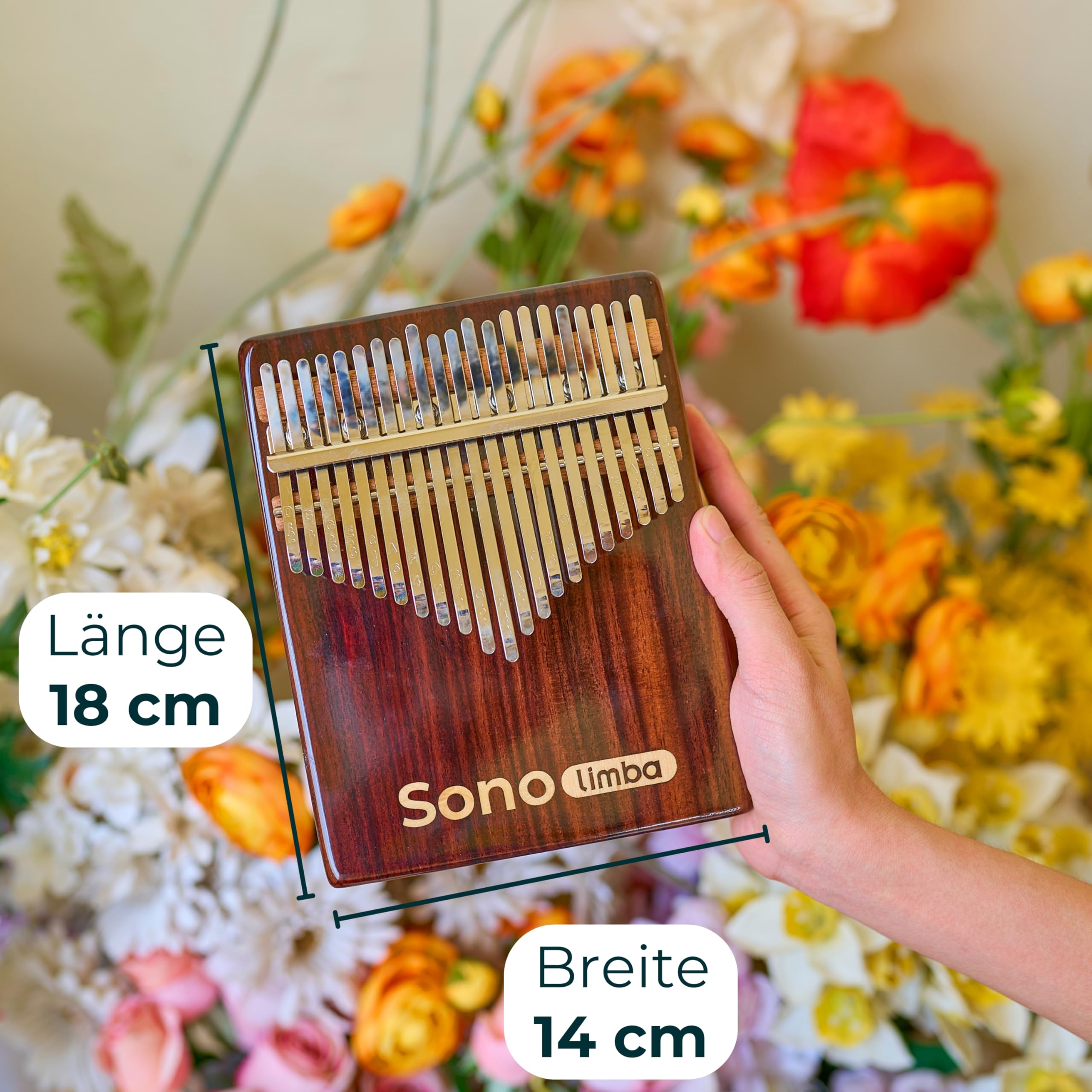 Kalimba "Sonolimba" mit 21 Schlüsseln in C - Dur aus Rosenholz - Daumenklavier inkl. Set mit Liederbuch, Schutztasche, Stimmhammer und weiteres. Kalimba Instrument für Kinder und Erwachsene.