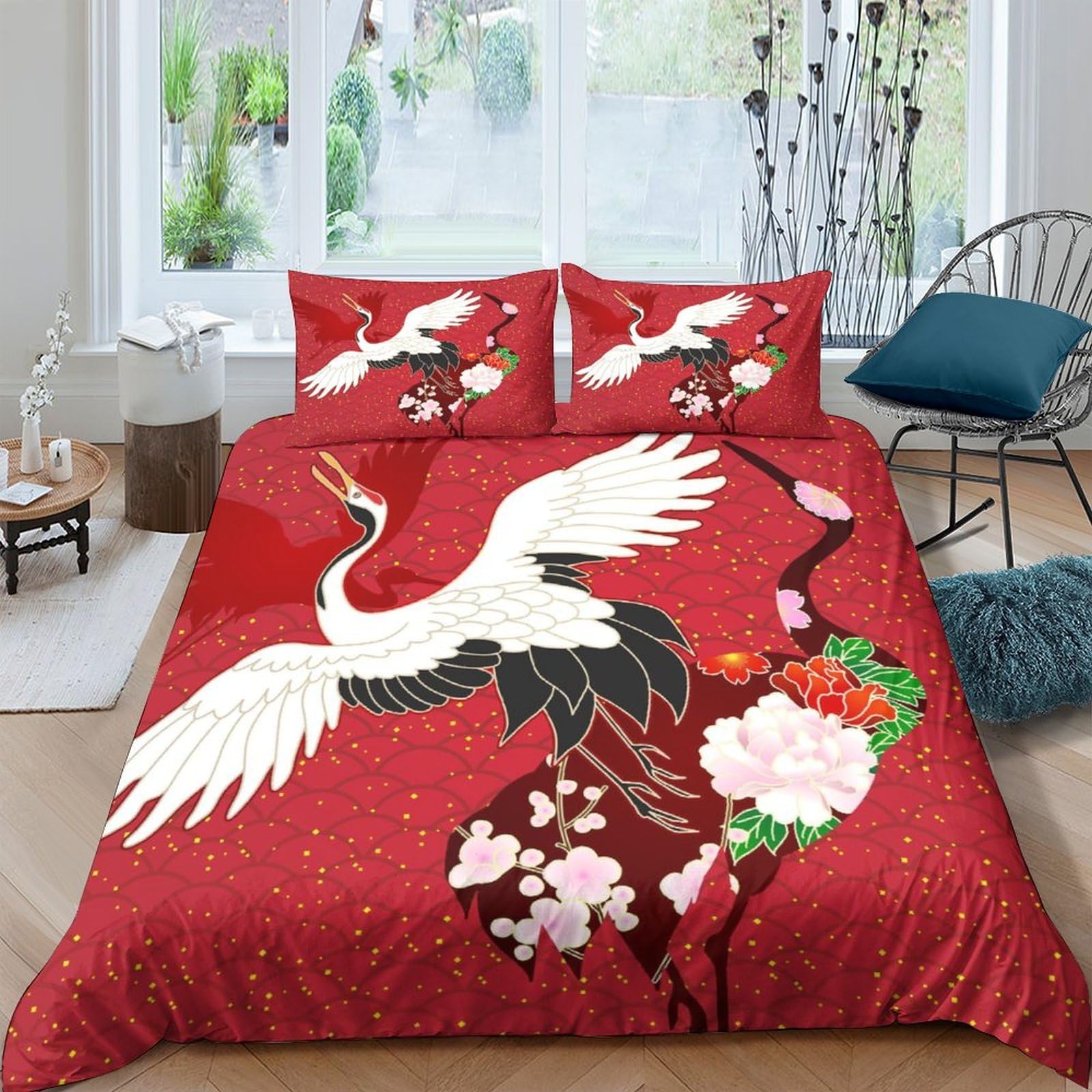 Ctjqhvkz Style-8 3D Printed Red Crane Flower Fitted Sheet Microfiber Soft Breathable Japanese Blossom Bed Cover For Bedroom Guestroom Dorm Decor Single（135X200cm）