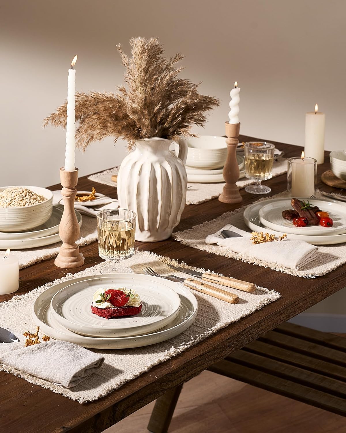 Stoneware Dinnerware Set, Highly Chip and Scratch Resistant Everyday Plates and Bowls for 8 (24pcs), Reactive Glaze Speckled Ceramic Flared Dishes with Gift Box, Microwave Dishwasher Safe, Shell Beige