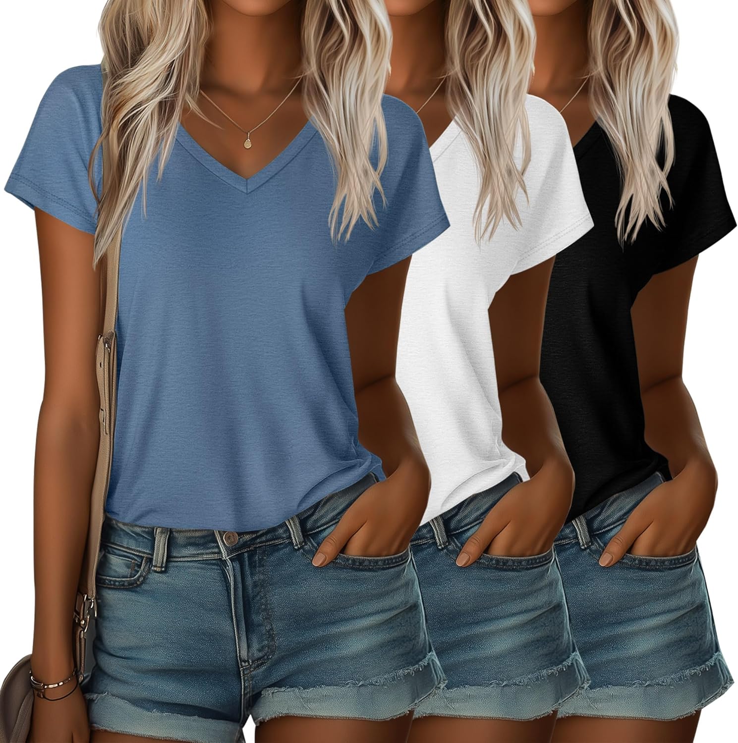 Ficerd 3 Pack Women's V Neck T Shirts Cap Sleeve Top for Summer Casual Short Sleeve 2026 Trendy Basic Tees