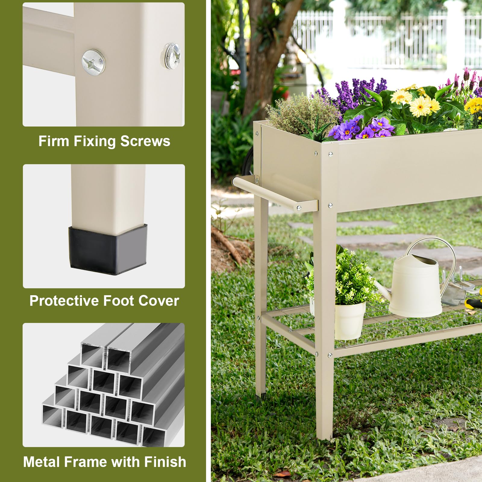 HOMASIS Cama Elevada para Jardín con 2 Ruedas, Maceta Grande Elevada de Metal con 2 Ganchos, Maceta Móvil para Verduras, Flores, Hierbas, Patio, 95 x 40 x 80 cm (Beige)