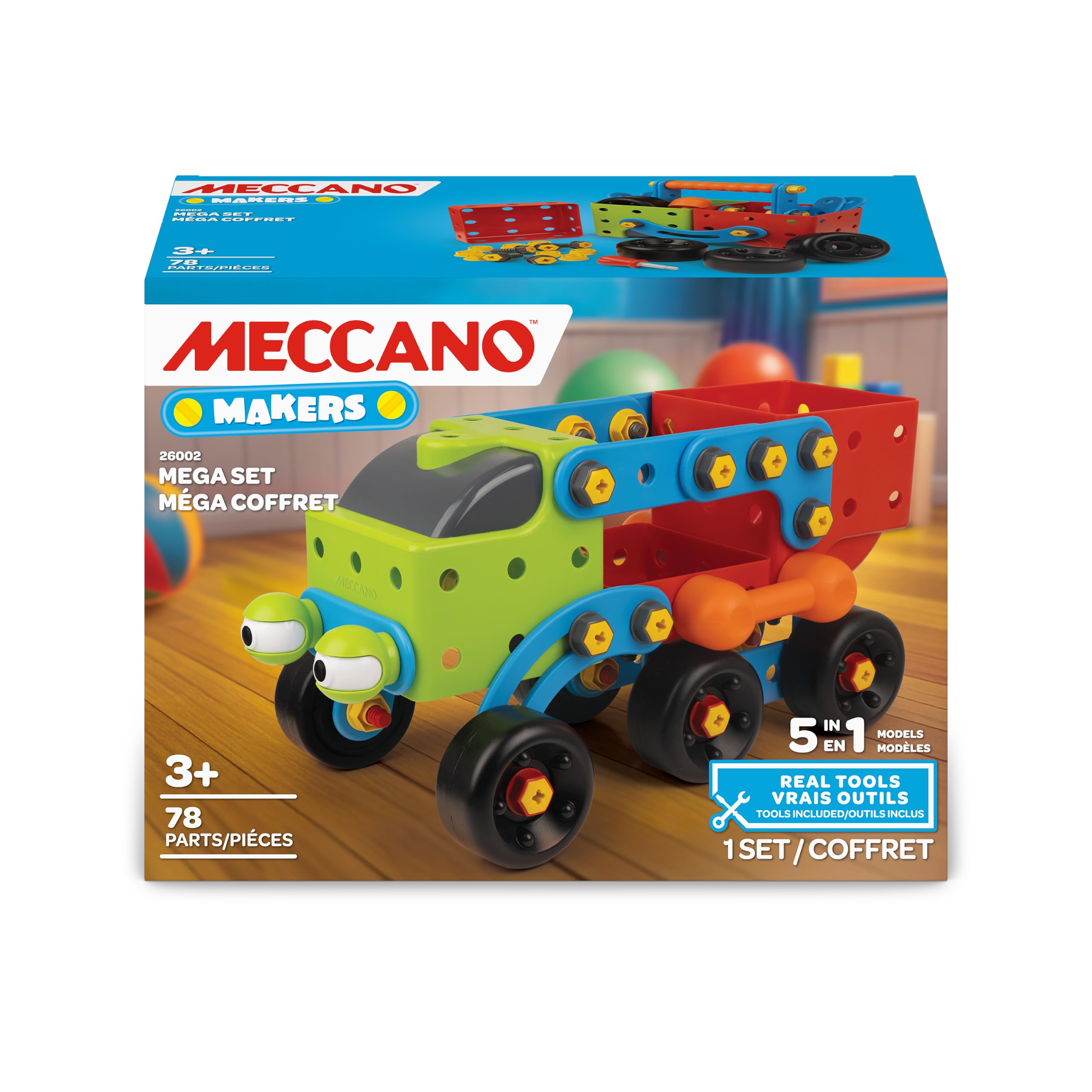 BANDAI Meccano Mega Set 5 in 1 – Set Costruzioni | Kit con 78 pezzi, utensili e istruzioni, 5 modelli, per bambini dai 3 anni in su – APM12102
