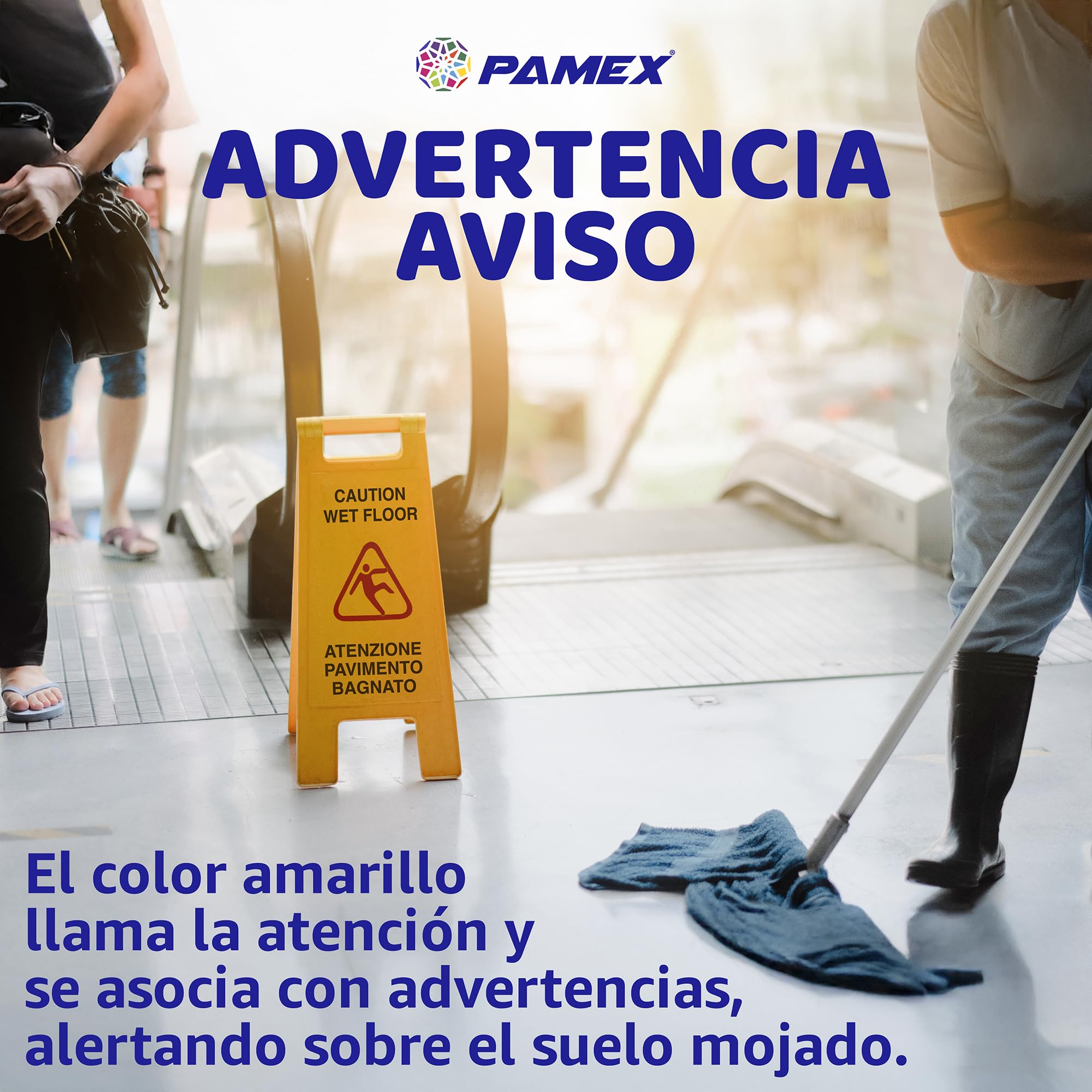 Señal Aviso profesional "Caution wet floor - Atenzione pavimento bagnato". En Inglés e Italiano. Alta visibilidad para evitar accidentes