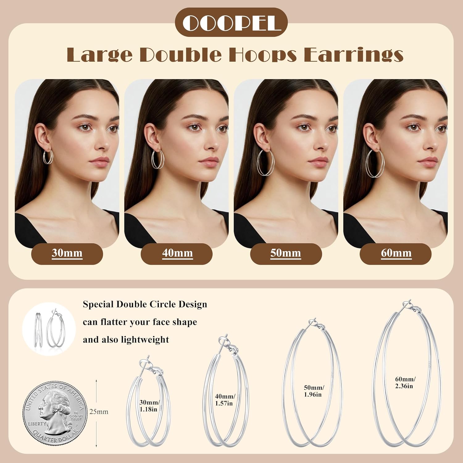 OOOPEL Large Thin Double Hoop Earrings for Women Lightweight Hypoallergenic 925 Sterling Silver Post 14K Gold Hoops Non Tarnish Sturdy Big Thin Double Layered Hoop Earrings 30/40/50/60mm - Image 6