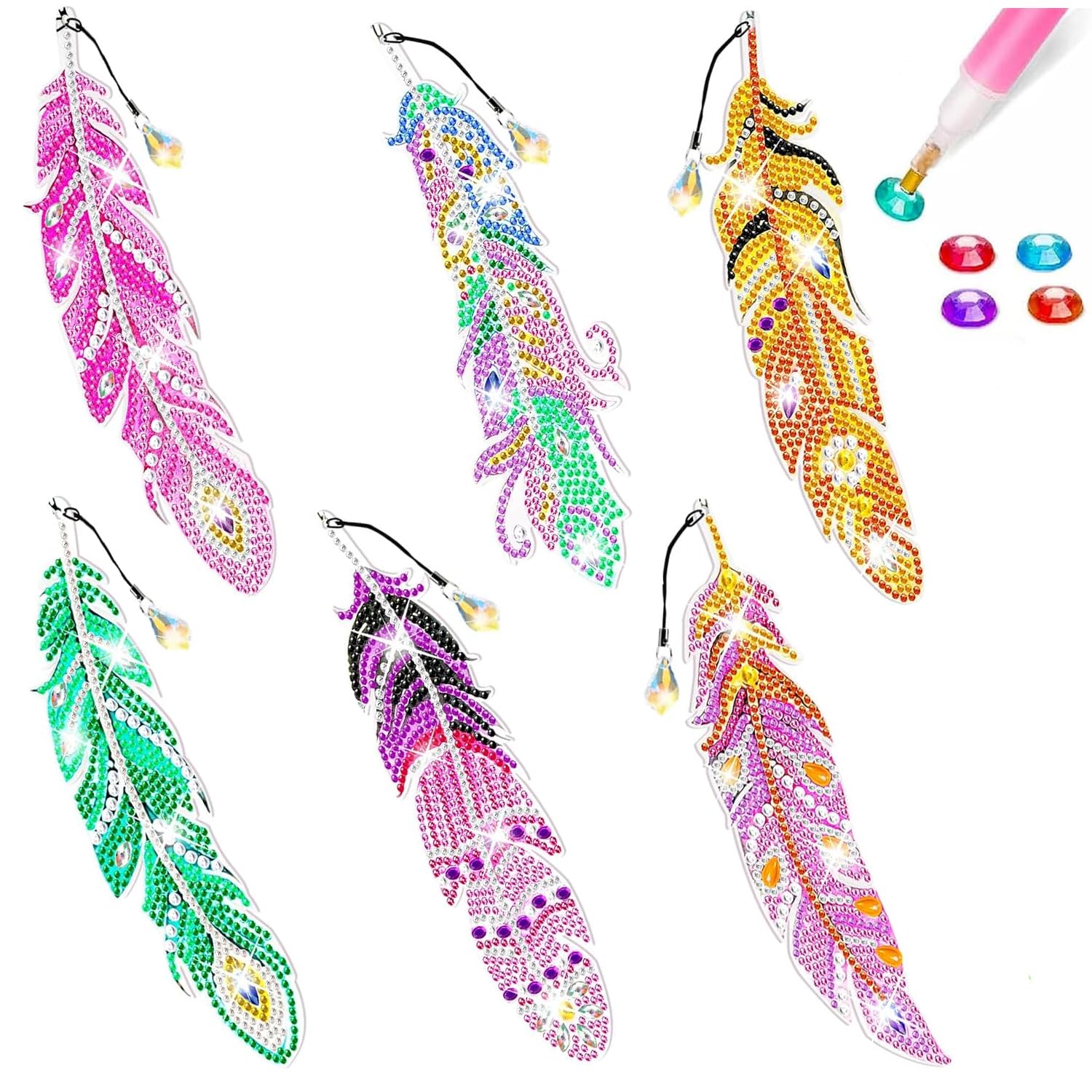 YUNYU Diamond Art Bookmarks for Kids & Adults - 6PCs Feather Shaped DIY Craft Kits with Acrylic Panels & Tools, Creative Gift Idea (Crystal Gem Painting Supplies)