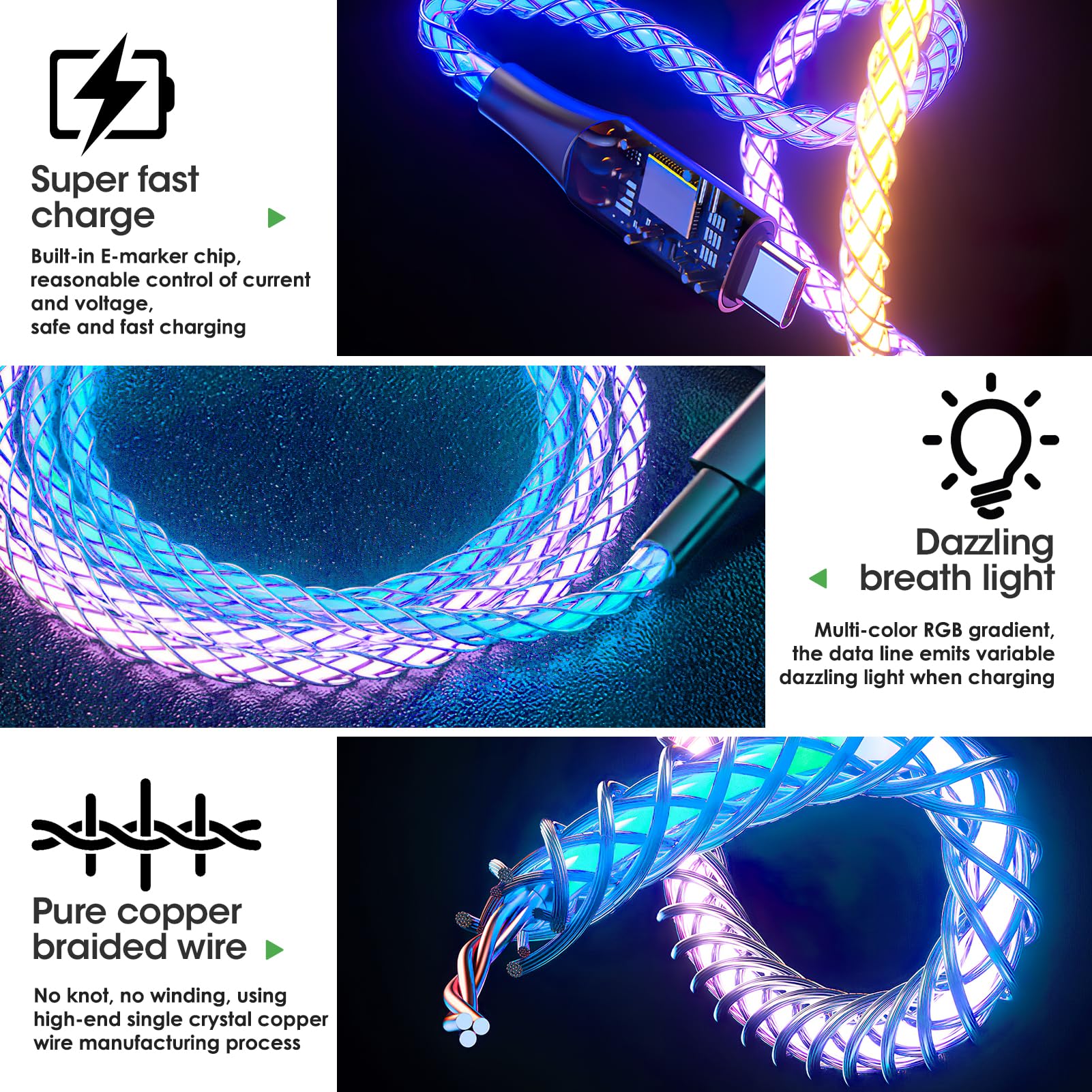 USB-C Kabel Mit RGB-Beleuchtung & Zinklegierung - 100 Cm, 66W Schnellladung & Datenübertragung