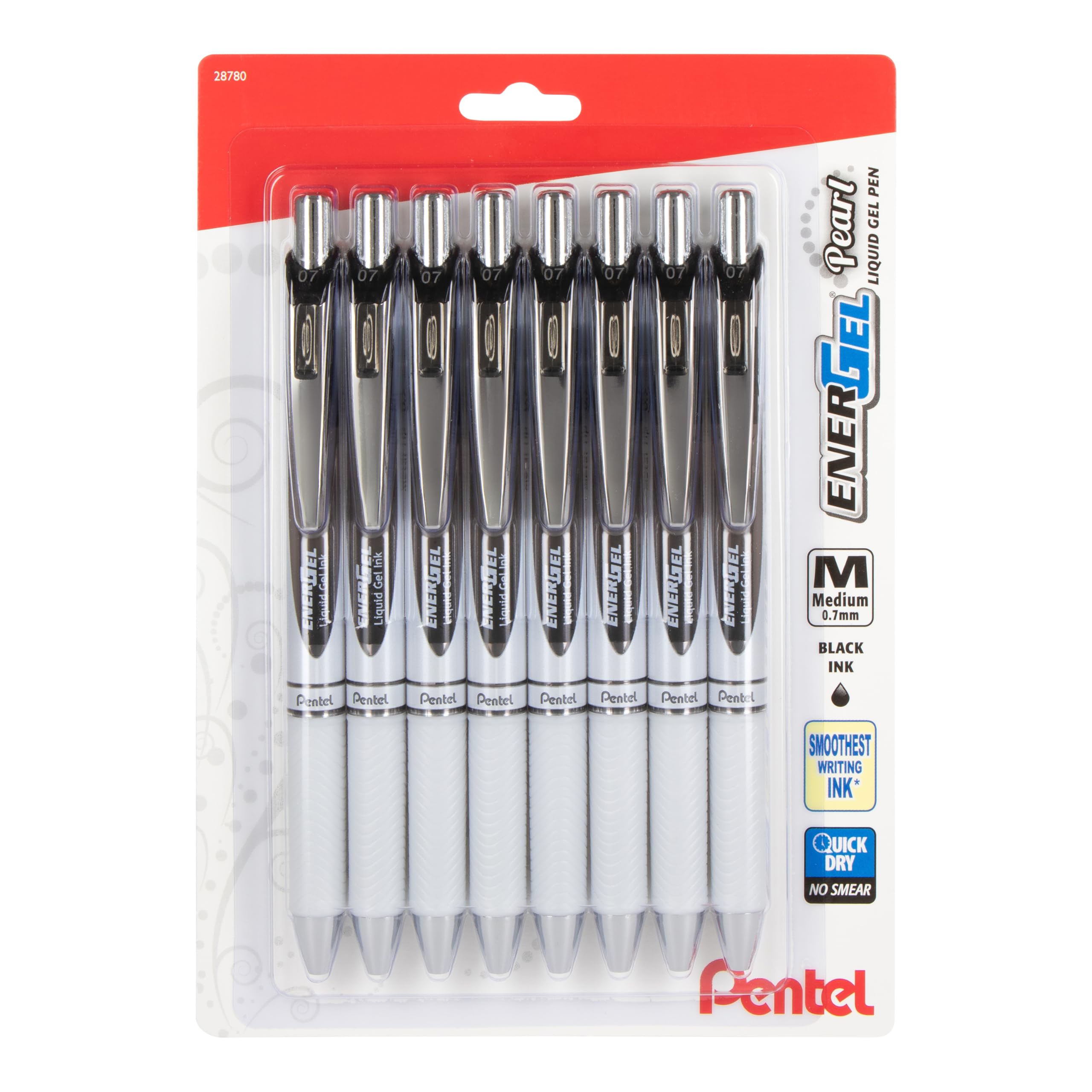 Pentel EnerGel Pearl Retractable Liquid Gel Pen, 0.7mm, Medium Line, Black Ink, 8-Pk (BL77PWBP8A)