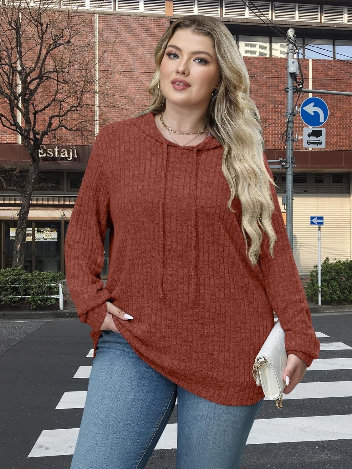 Womens Plus Size Lightweight Ribbed Knit Hoodie Sweaters Casual Long Sleeve Pullover Tops for Fall Winter L-4XL - Image 6