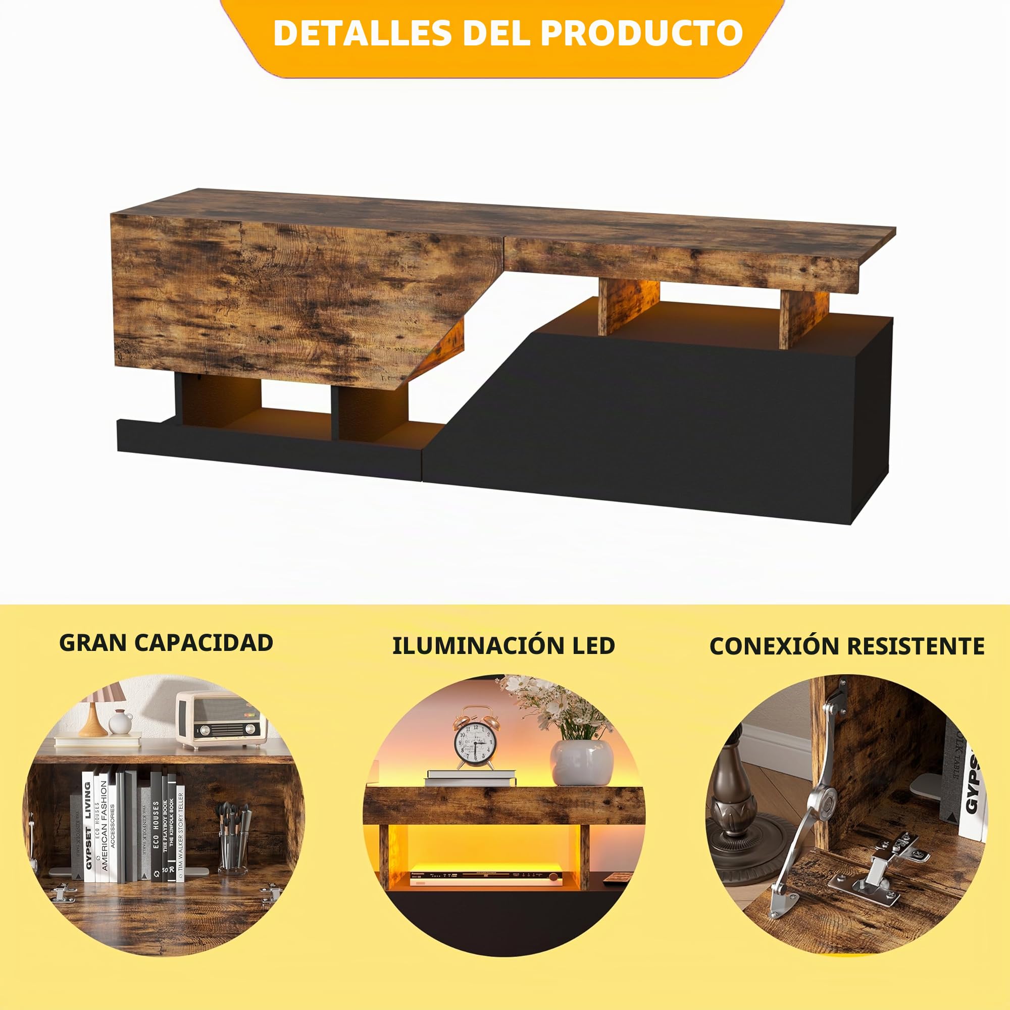 MSFE Mueble bajo para TV 140CM Mesa de TV con iluminación LED 2 Puertas/Puertas Apertura sin Asas Aparador para TV de hasta 65 Pulgadas Mueble bajo para la Televisión Armario bajo de TV para Salón
